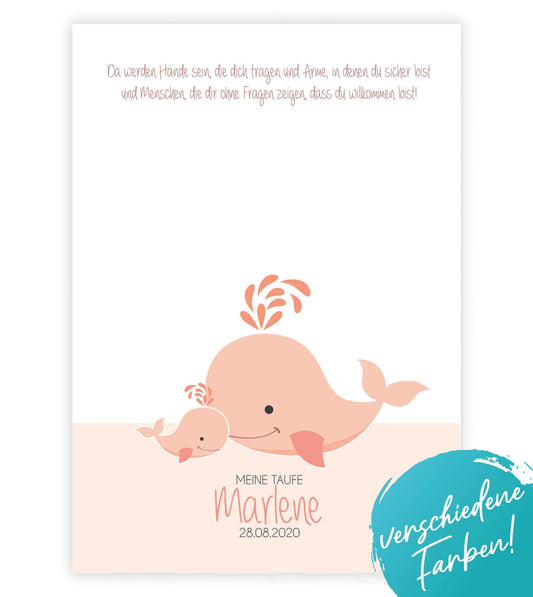 Personalisierte Bild "Taufe Wal", Bildfarbe: Rosa, Blau, Grau, Bildgröße: DIN A3, Bilderrahmen: Ohne Bilderrahmen, Bilderrahmen weiß, Bilderrahmen schwarz, Copyright: 321geschenke.de
