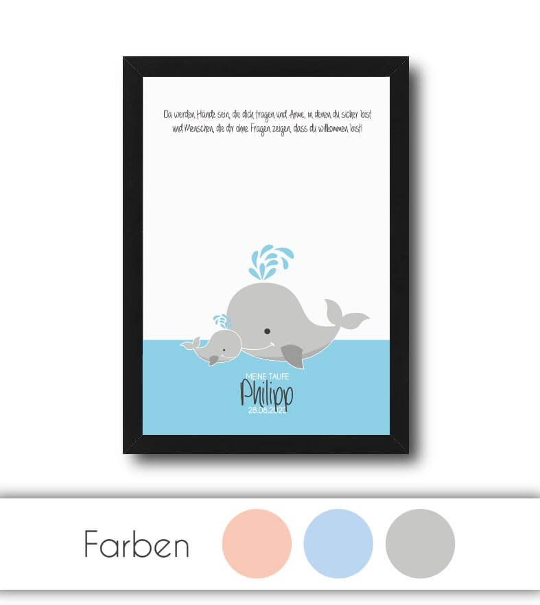 Personalisierte Bild "Taufe Wal", Bildfarbe: Rosa, Blau, Grau, Bildgröße: DIN A3, Bilderrahmen: Ohne Bilderrahmen, Bilderrahmen weiß, Bilderrahmen schwarz, Copyright: 321geschenke.de
