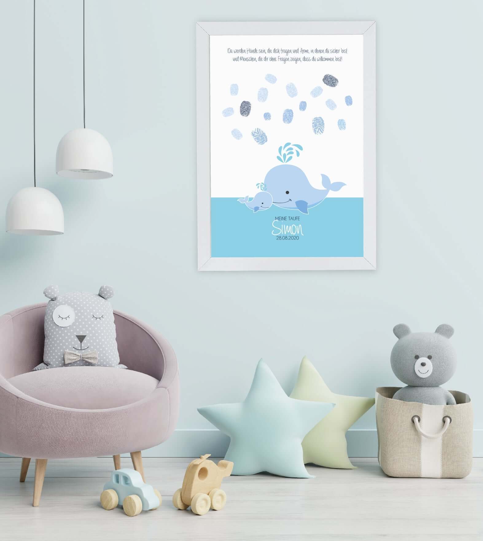 Anwendungsbild_Personalisierte Bild "Taufe Wal", Bildfarbe: Rosa, Blau, Grau, Bildgröße: DIN A3, Bilderrahmen: Ohne Bilderrahmen, Bilderrahmen weiß, Bilderrahmen schwarz, Copyright: 321geschenke.de