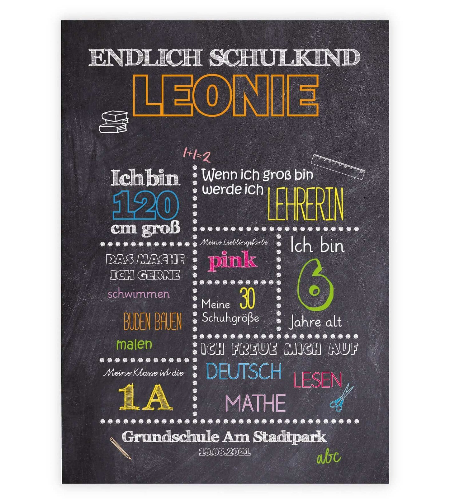 Personalisiertes Bild „Einschulung” Meilensteinposter BUNT, Bildgröße: 13x18cm, DIN A4, DIN A3, Bilderrahmen: Ohne Bilderrahmen, Copyright: 321geschenke.de