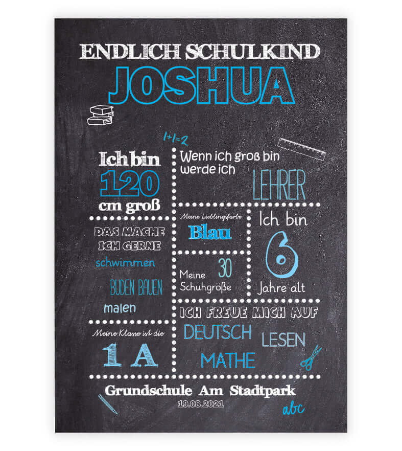Personalisiertes Bild „Einschulung” Meilensteinposter BLAU, Bildgröße: 13x18cm, DIN A4, DIN A3, Bilderrahmen: Ohne Bilderrahmen, Copyright: 321geschenke.de