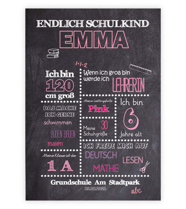 Personalisiertes Bild „Einschulung” Meilensteinposter ROSA, Bildgröße: 13x18cm, DIN A4, DIN A3, Bilderrahmen: Ohne Bilderrahmen, Copyright: 321geschenke.de