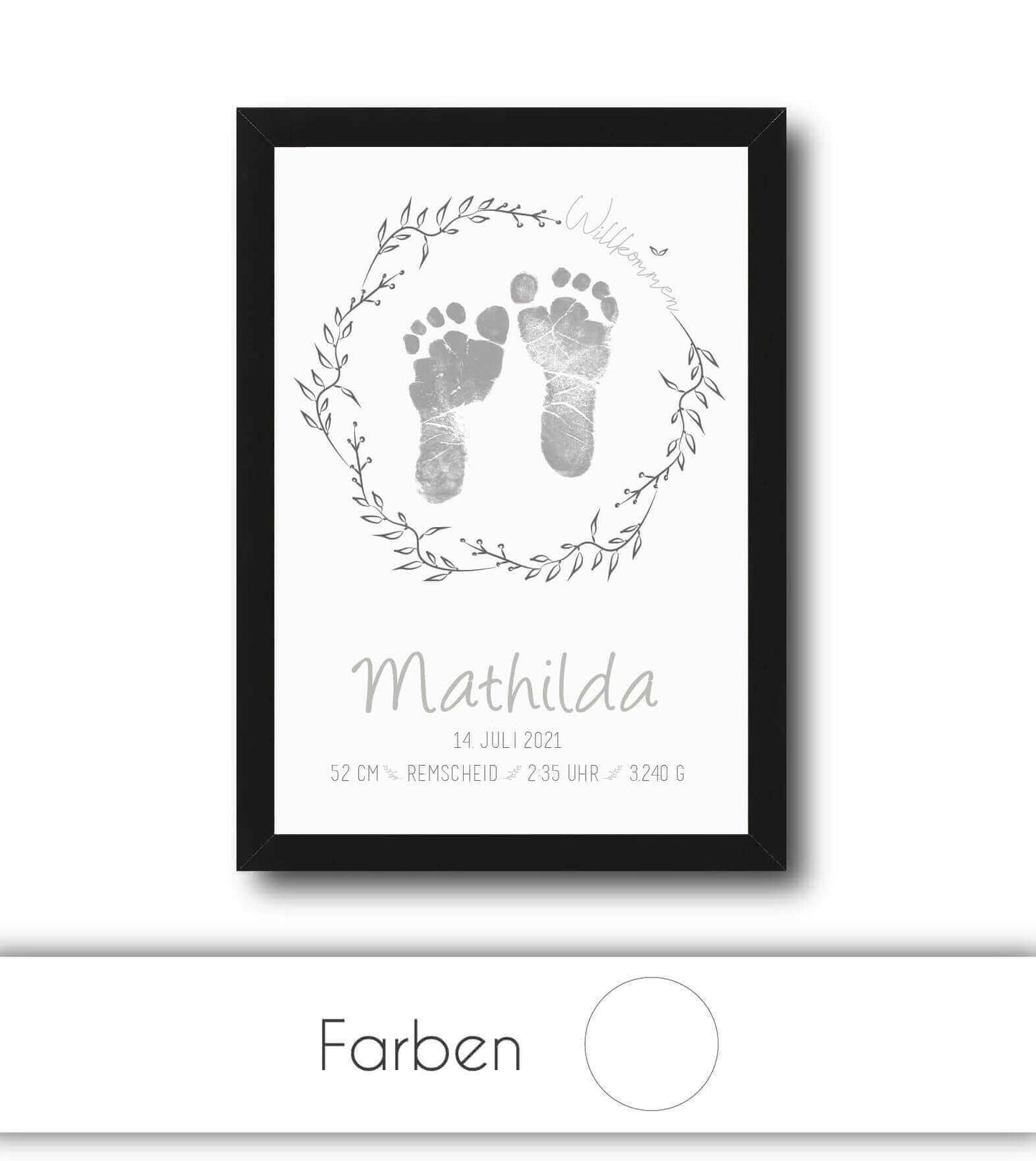 Personalisiertes Bild "Baby-Fußabdruck", Bildgröße: 13x18cm, DIN A4, DIN A3, Bilderrahmen: Ohne Bilderrahmen, Bilderrahmen weiß, Bilderrahmen schwarz, Bilderrahmen weiß mit Passepartout, Bilderrahmen schwarz mit Passepartout, Copyright: 321geschenke.de