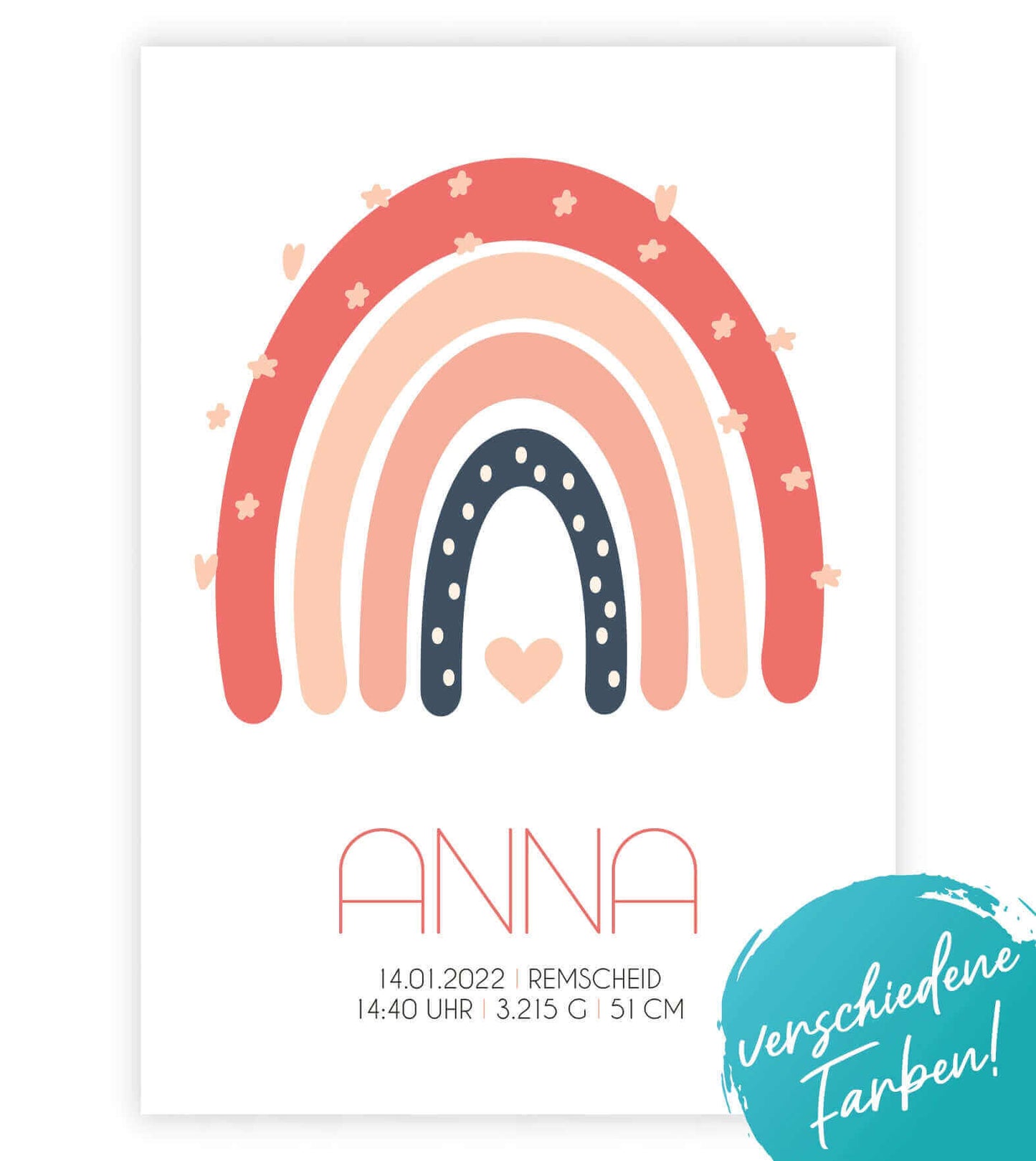 Personalisiertes Babyposter "Regenbogen", Bildfarbe: Rosa, Blau, Beige, Bildgröße: 13x18cm, DIN A4, DIN A3, Bilderrahmen: Ohne Bilderrahmen, Bilderrahmen weiß, Bilderrahmen schwarz, Bilderrahmen weiß mit Passepartout, Bilderrahmen schwarz mit Passepartout