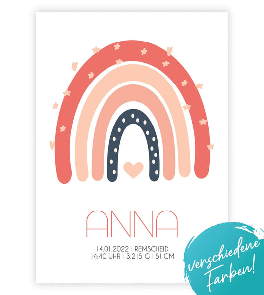 Personalisiertes Babyposter "Regenbogen", Bildfarbe: Rosa, Blau, Beige, Bildgröße: 13x18cm, DIN A4, DIN A3, Bilderrahmen: Ohne Bilderrahmen, Bilderrahmen weiß, Bilderrahmen schwarz, Bilderrahmen weiß mit Passepartout, Bilderrahmen schwarz mit Passepartout