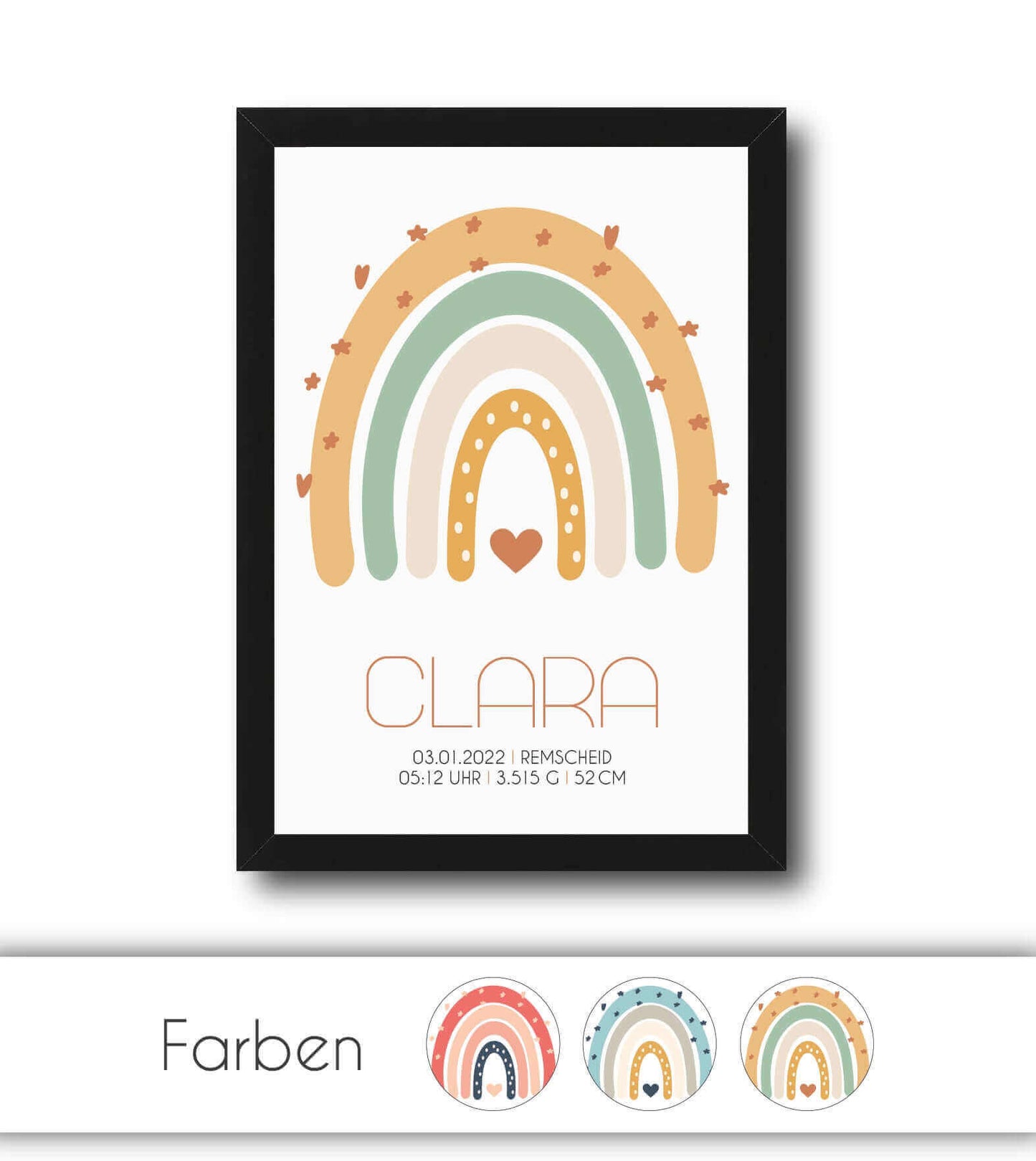 Personalisiertes Babyposter "Regenbogen", Bildfarbe: Rosa, Blau, Beige, Bildgröße: 13x18cm, DIN A4, DIN A3, Bilderrahmen: Ohne Bilderrahmen, Bilderrahmen weiß, Bilderrahmen schwarz, Bilderrahmen weiß mit Passepartout, Bilderrahmen schwarz mit Passepartout