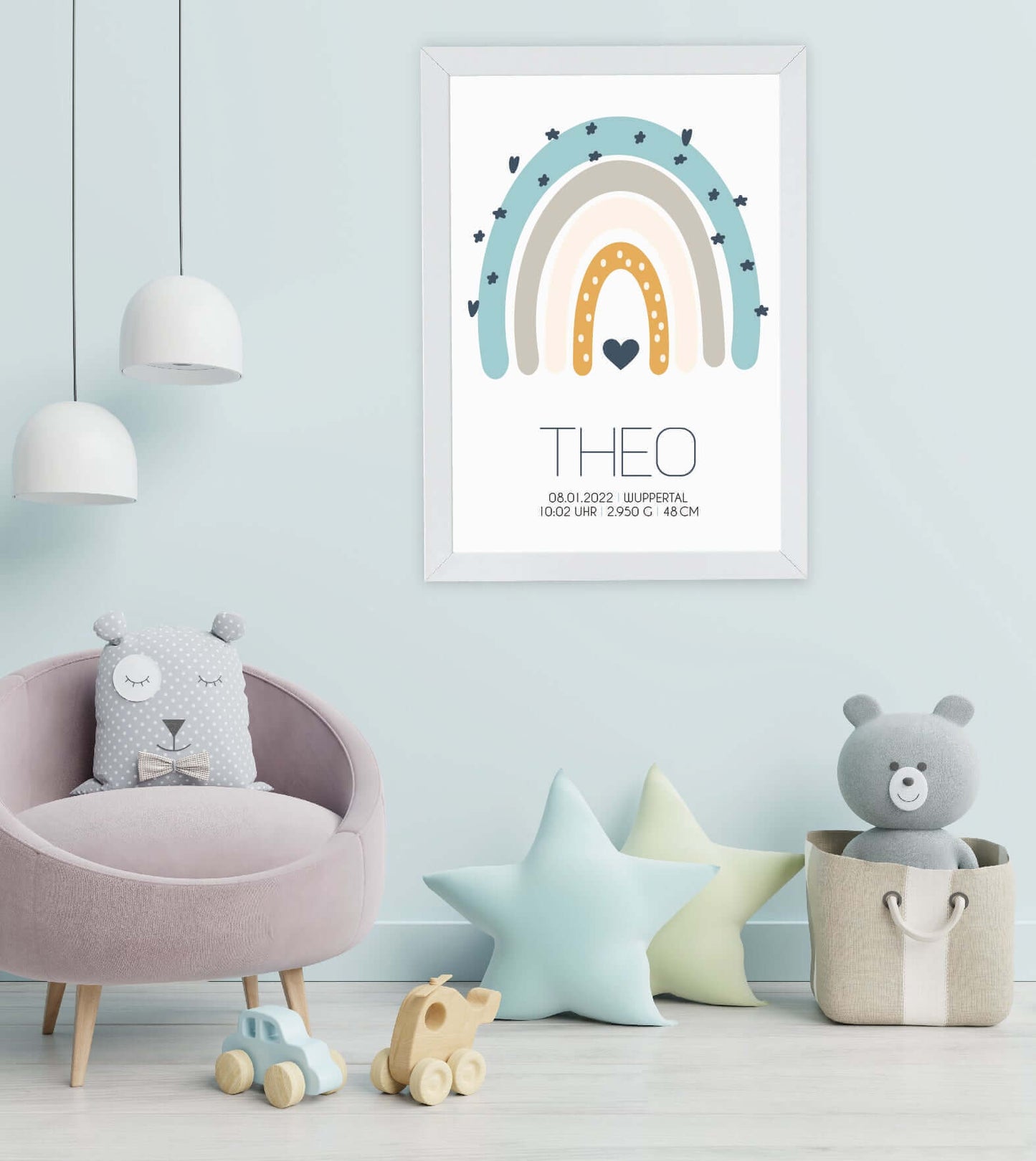Anwendungsbild_Personalisiertes Babyposter "Regenbogen", Bildfarbe: Rosa, Blau, Beige, Bildgröße: 13x18cm, DIN A4, DIN A3, Bilderrahmen: Ohne Bilderrahmen, Bilderrahmen weiß, Bilderrahmen schwarz, Bilderrahmen weiß mit Passepartout, Bilderrahmen schwarz m