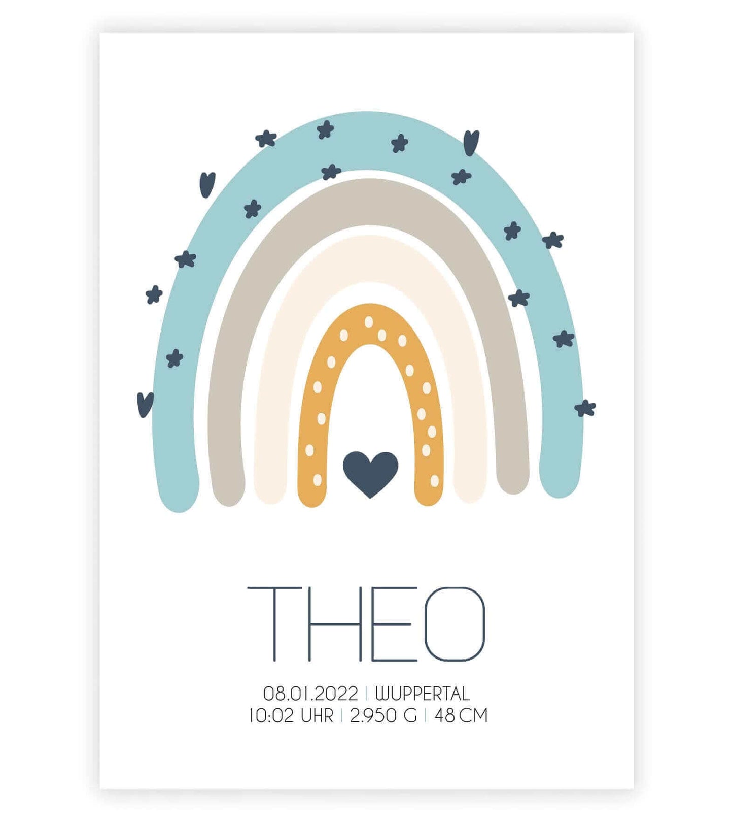 Personalisiertes Babyposter "Regenbogen", Bildfarbe: Blau, Bildgröße: 13x18cm, DIN A4, DIN A3, Bilderrahmen: Ohne Bilderrahmen, Copyright: 321geschenke.de
