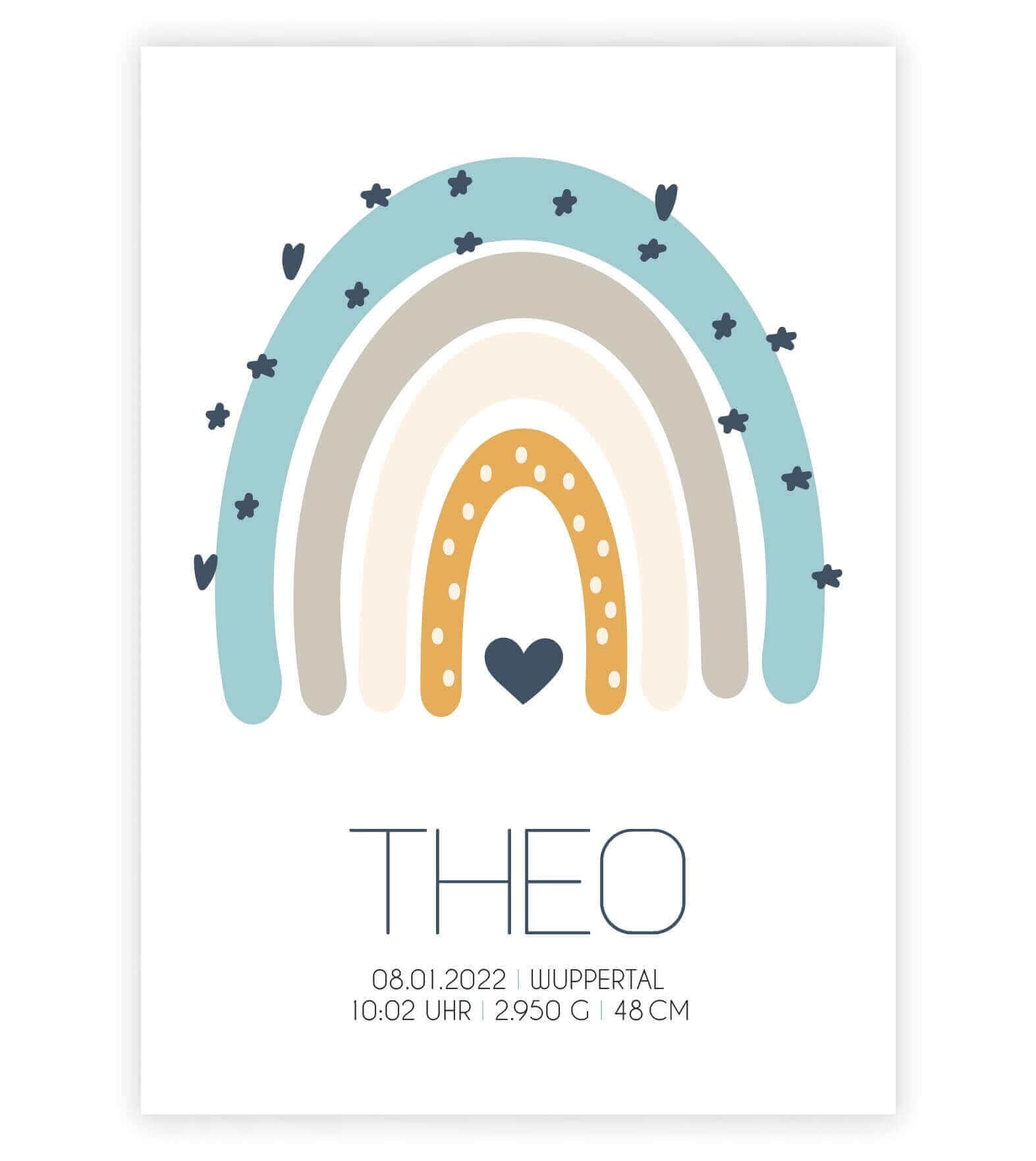 Personalisiertes Babyposter "Regenbogen", Bildfarbe: Blau, BildgröĂe: 13x18cm, DIN A4, DIN A3, Bilderrahmen: Ohne Bilderrahmen, Copyright: 321geschenke.de