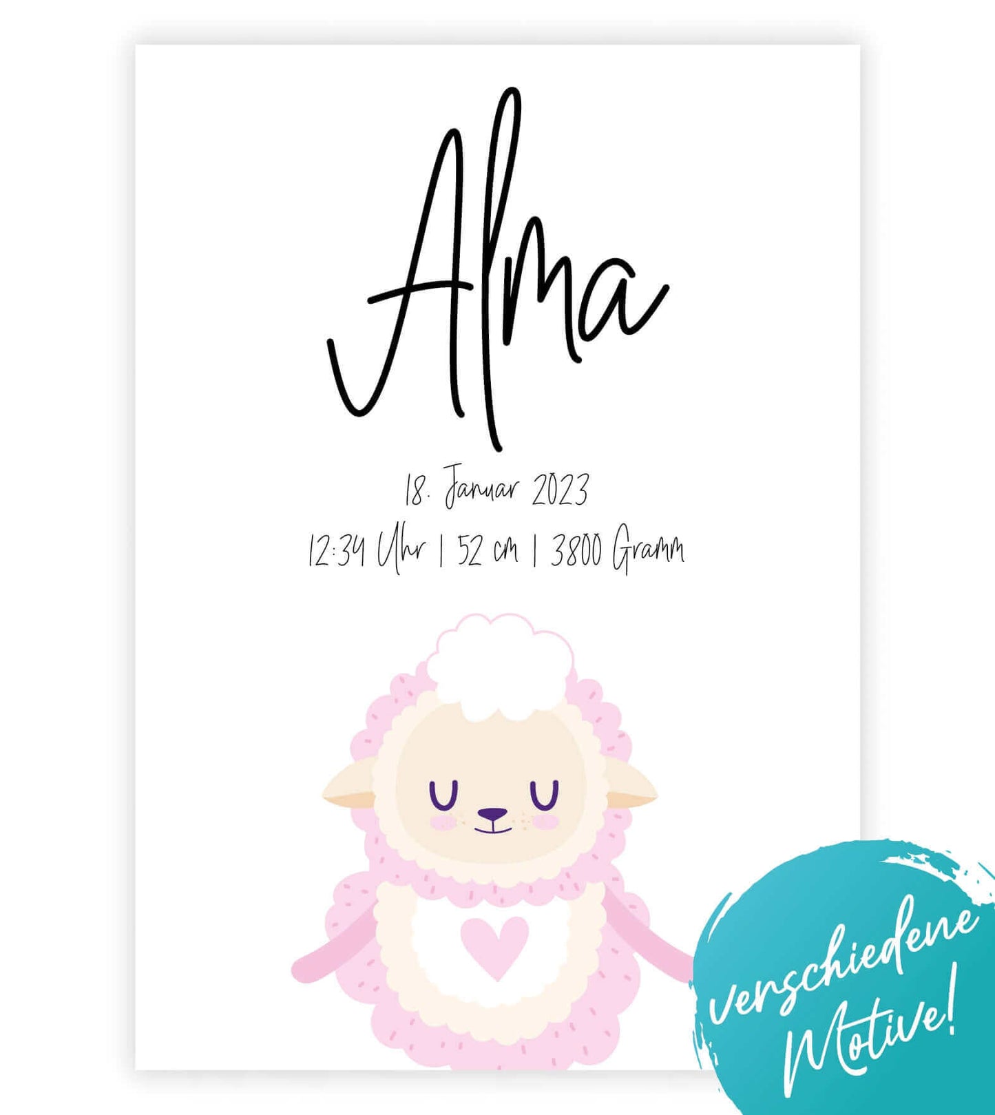 Personalisiertes Geburtsposter "TIERMOTIV mit Herz", Motiv: SCHAF, ELEFANT, LÖWE, ZEBRA, GIRAFFE, Bildgröße: 13x18cm, DIN A4, DIN A3, Bilderrahmen: Ohne Bilderrahmen, Bilderrahmen weiß, Bilderrahmen schwarz, Bilderrahmen weiß mit Passepartout, Bilderrahme