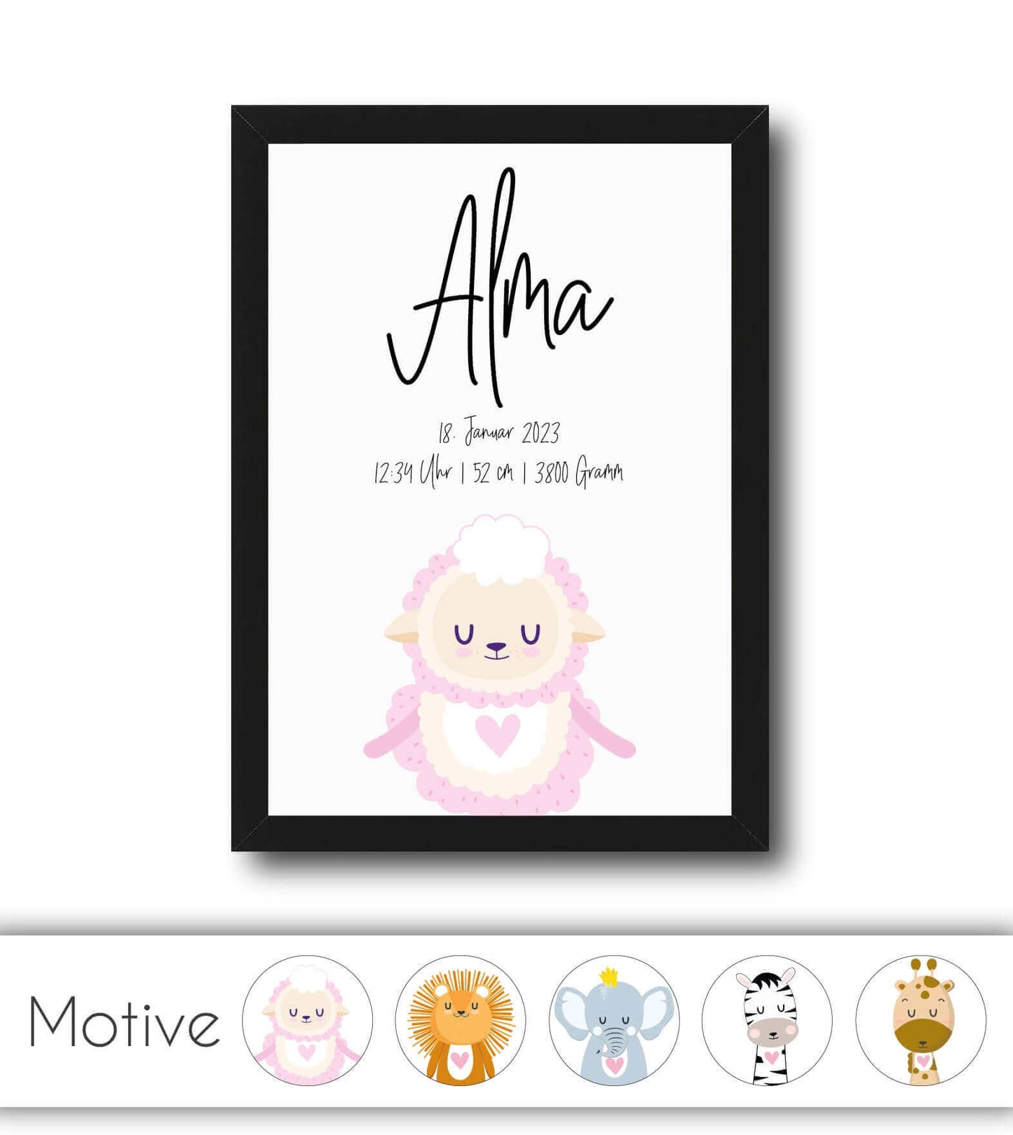 Personalisiertes Geburtsposter "TIERMOTIV mit Herz", Motiv: SCHAF, ELEFANT, LÖWE, ZEBRA, GIRAFFE, Bildgröße: 13x18cm, DIN A4, DIN A3, Bilderrahmen: Ohne Bilderrahmen, Bilderrahmen weiß, Bilderrahmen schwarz, Bilderrahmen weiß mit Passepartout, Bilderrahme