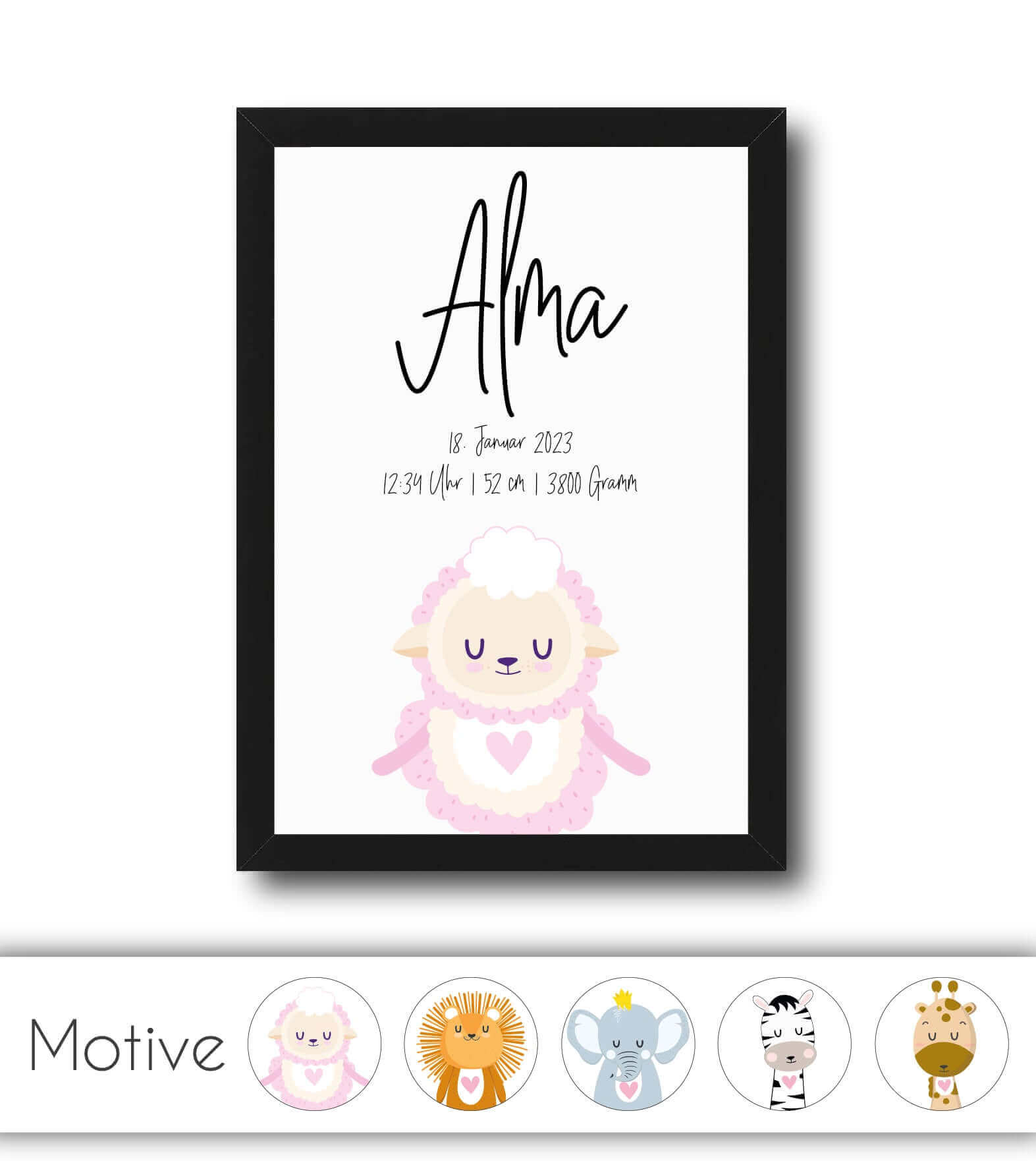 Personalisiertes Geburtsposter "TIERMOTIV mit Herz", Motiv: SCHAF, ELEFANT, LÖWE, ZEBRA, GIRAFFE, Bildgröße: 13x18cm, DIN A4, DIN A3, Bilderrahmen: Ohne Bilderrahmen, Bilderrahmen weiß, Bilderrahmen schwarz, Bilderrahmen weiß mit Passepartout, Bilderrahme