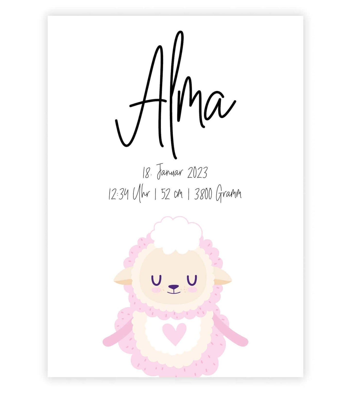 Personalisiertes Geburtsposter "TIERMOTIV mit Herz", Motiv: SCHAF, Bildgröße: 13x18cm, DIN A4, DIN A3, Bilderrahmen: Ohne Bilderrahmen, Copyright: 321geschenke.de