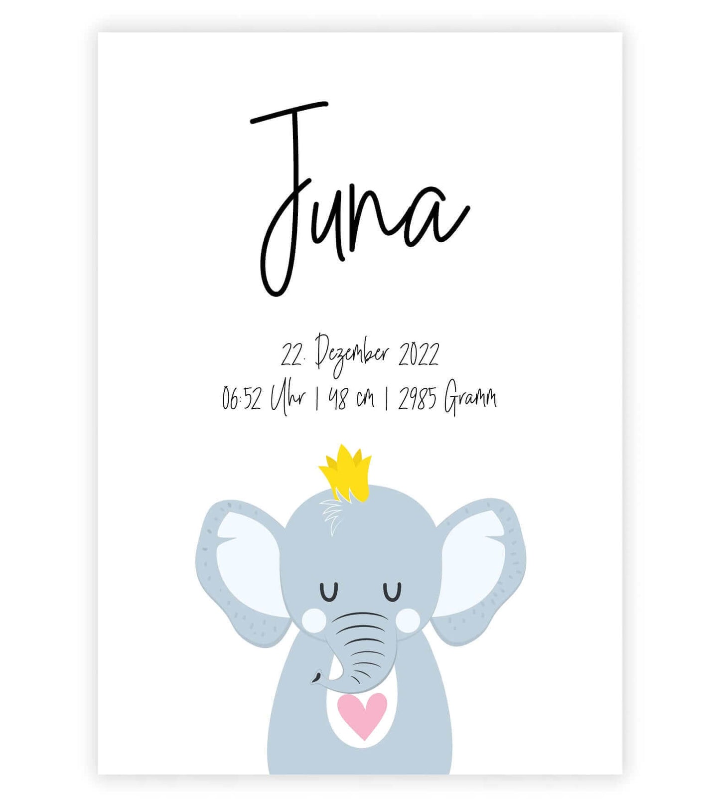 Personalisiertes Geburtsposter "TIERMOTIV mit Herz", Motiv: ELEFANT, Bildgröße: 13x18cm, DIN A4, DIN A3, Bilderrahmen: Ohne Bilderrahmen, Copyright: 321geschenke.de