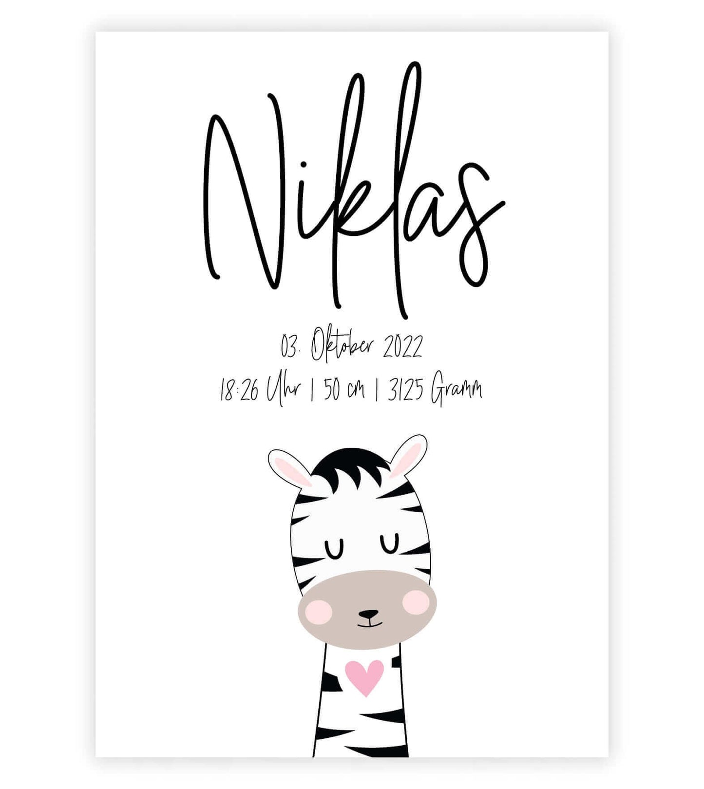 Personalisiertes Geburtsposter "TIERMOTIV mit Herz", Motiv: ZEBRA, Bildgröße: 13x18cm, DIN A4, DIN A3, Bilderrahmen: Ohne Bilderrahmen, Copyright: 321geschenke.de