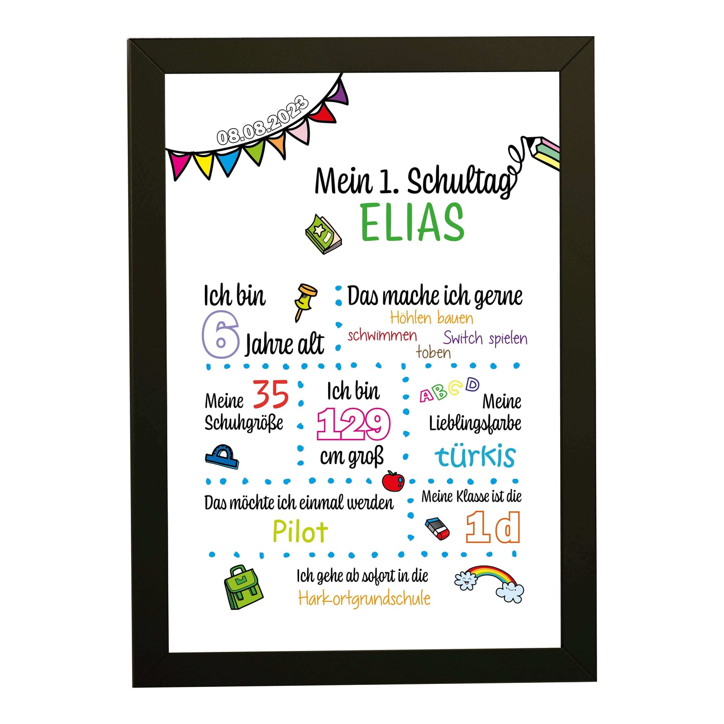 Personalisiertes Bild "Mein 1. Schultag" Motivationssprüche, Bildfarbe: Weiß, Bildgröße: 13x18cm, DIN A4, DIN A3, Bilderrahmen: Bilderrahmen schwarz ohne Passepartout, Copyright: 321geschenke.de