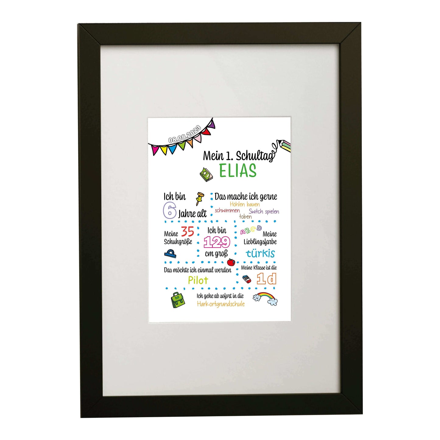 Personalisiertes Bild "Mein 1. Schultag" Motivationssprüche, Bildfarbe: Weiß, Bildgröße: 13x18cm, DIN A4, DIN A3, Bilderrahmen: Bilderrahmen schwarz mit Passepartout, Copyright: 321geschenke.de