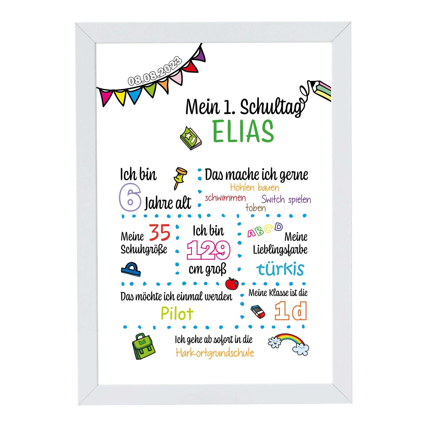 Personalisiertes Bild "Mein 1. Schultag" Motivationssprüche, Bildfarbe: Weiß, Bildgröße: 13x18cm, DIN A4, DIN A3, Bilderrahmen: Bilderrahmen weiß ohne Passepartout, Copyright: 321geschenke.de