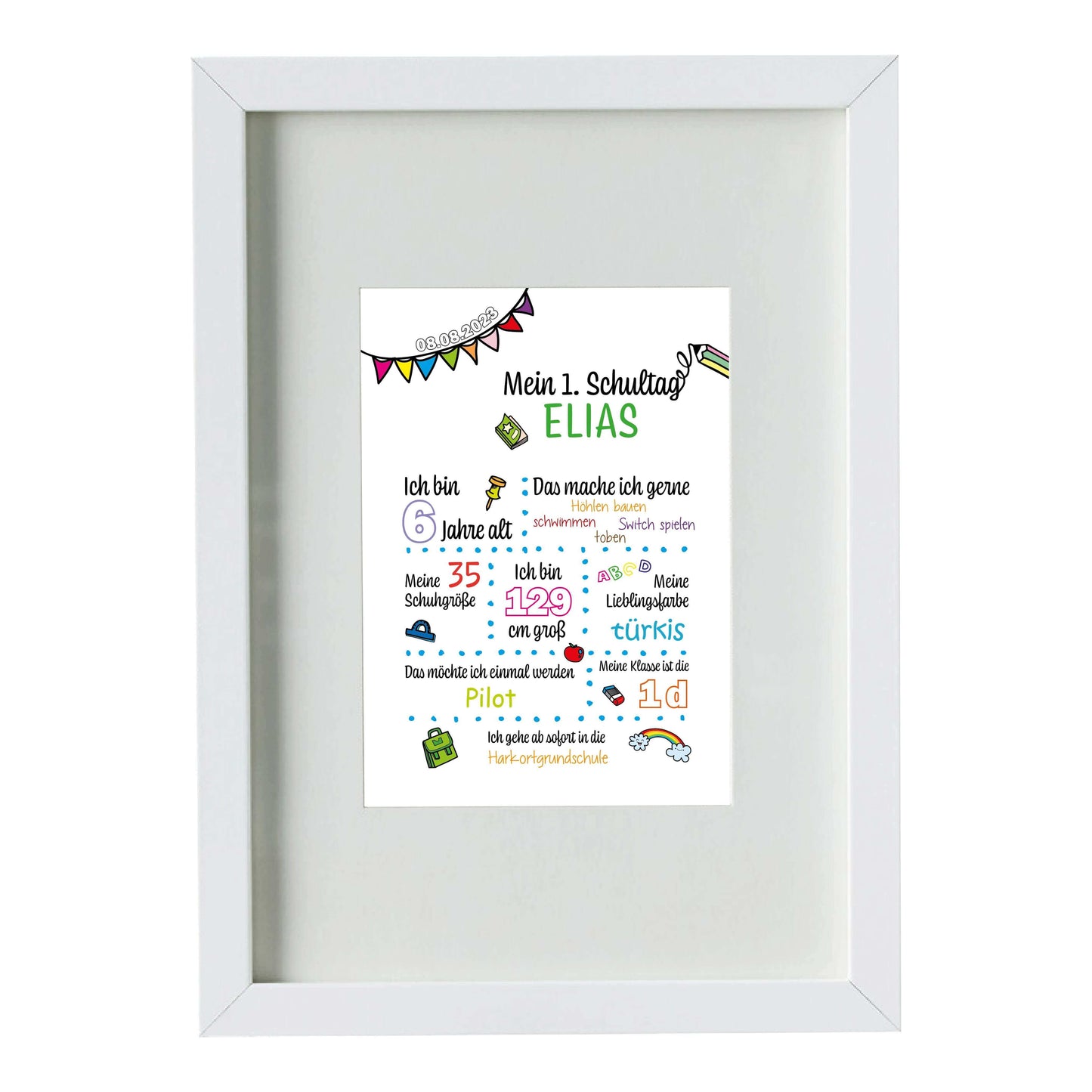 Personalisiertes Bild "Mein 1. Schultag" Motivationssprüche, Bildfarbe: Weiß, Bildgröße: 13x18cm, DIN A4, DIN A3, Bilderrahmen: Bilderrahmen weiß mit Passepartout, Copyright: 321geschenke.de