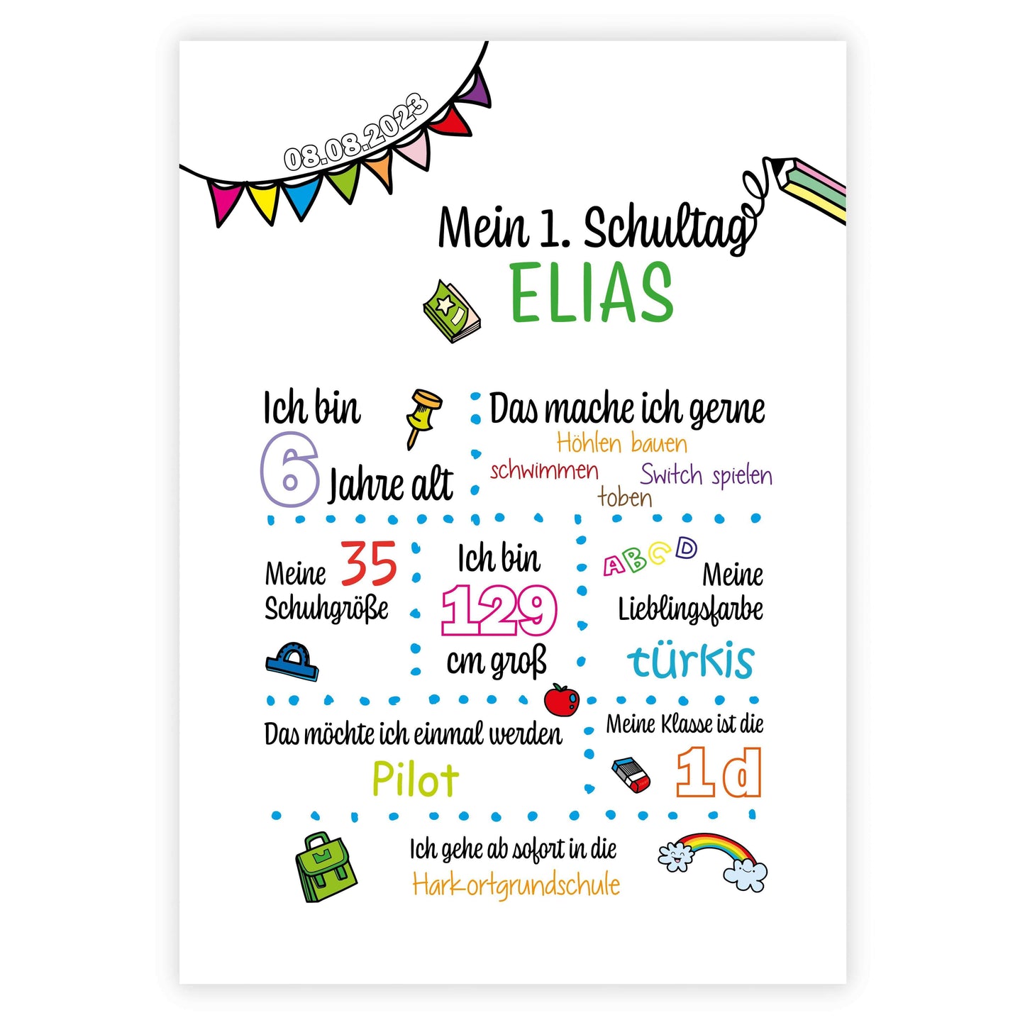 Personalisiertes Bild "Mein 1. Schultag" Motivationssprüche, Bildfarbe: Weiß, Bildgröße: 13x18cm, DIN A4, DIN A3, Bilderrahmen: Ohne Bilderrahmen, Copyright: 321geschenke.de