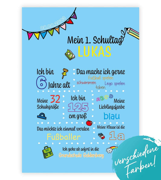 Personalisiertes Bild "Mein 1. Schultag" Motivationssprüche, Bildfarbe: Weiß, Grün, Rosa, Blau, Bildgröße: 13x18cm, DIN A4, DIN A3, Bilderrahmen: Ohne Bilderrahmen, Bilderrahmen weiß ohne Passepartout, Bilderrahmen schwarz ohne Passepartout, Bilderrahmen