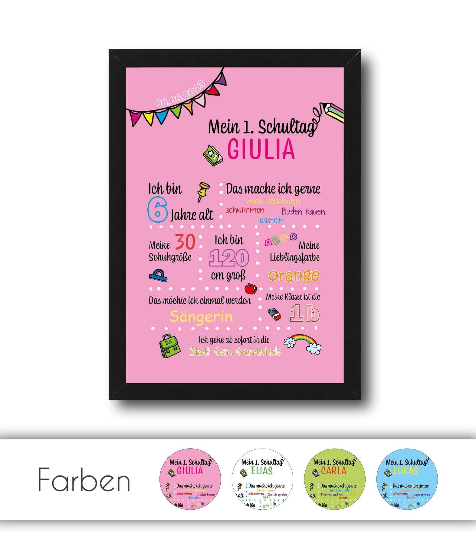 Personalisiertes Bild "Mein 1. Schultag" Motivationssprüche, Bildfarbe: Weiß, Grün, Rosa, Blau, Bildgröße: 13x18cm, DIN A4, DIN A3, Bilderrahmen: Ohne Bilderrahmen, Bilderrahmen weiß ohne Passepartout, Bilderrahmen schwarz ohne Passepartout, Bilderrahmen