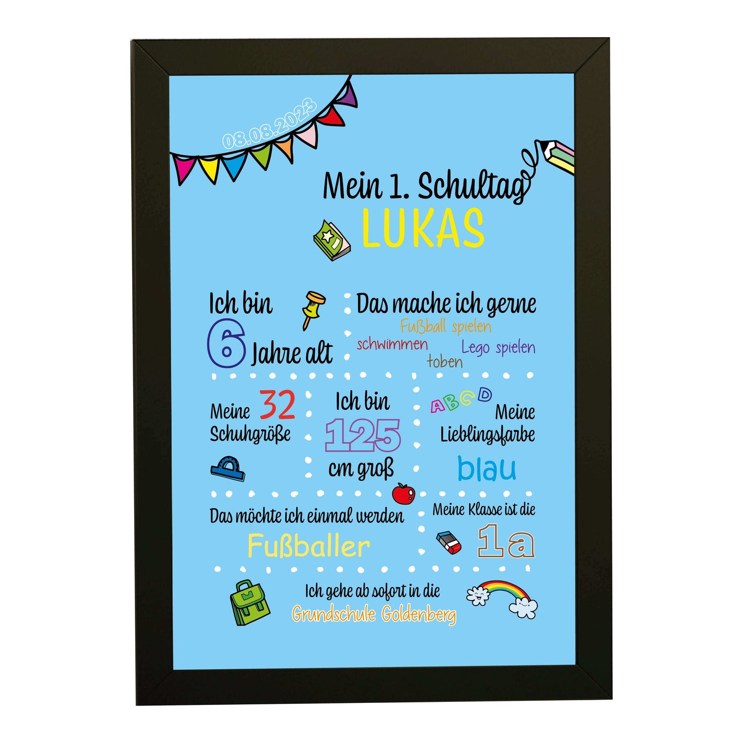 Personalisiertes Bild "Mein 1. Schultag" Motivationssprüche, Bildfarbe: Blau, Bildgröße: 13x18cm, DIN A4, DIN A3, Bilderrahmen: Bilderrahmen schwarz ohne Passepartout, Copyright: 321geschenke.de