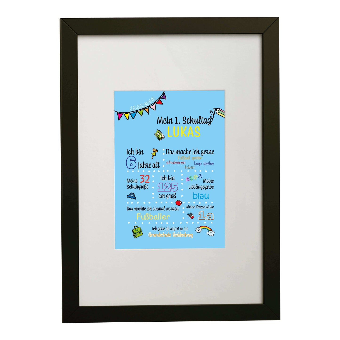 Personalisiertes Bild "Mein 1. Schultag" Motivationssprüche, Bildfarbe: Blau, Bildgröße: 13x18cm, DIN A4, DIN A3, Bilderrahmen: Bilderrahmen schwarz mit Passepartout, Copyright: 321geschenke.de