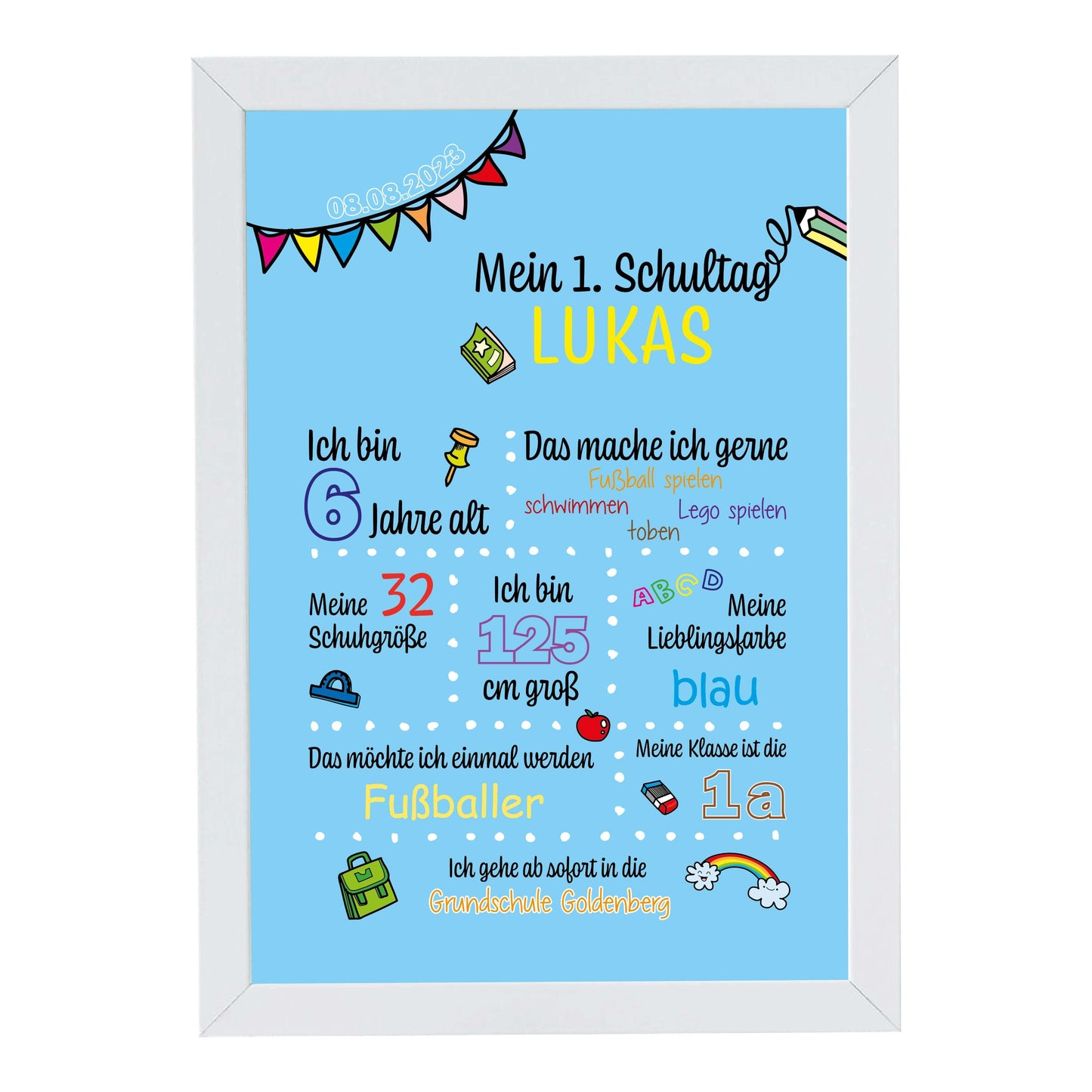 Personalisiertes Bild "Mein 1. Schultag" Motivationssprüche, Bildfarbe: Blau, Bildgröße: 13x18cm, DIN A4, DIN A3, Bilderrahmen: Bilderrahmen weiß ohne Passepartout, Copyright: 321geschenke.de