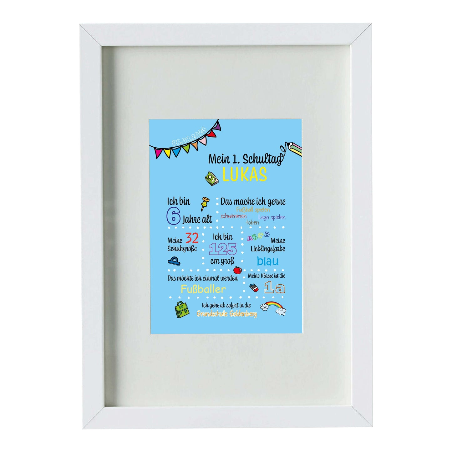 Personalisiertes Bild "Mein 1. Schultag" Motivationssprüche, Bildfarbe: Blau, Bildgröße: 13x18cm, DIN A4, DIN A3, Bilderrahmen: Bilderrahmen weiß mit Passepartout, Copyright: 321geschenke.de