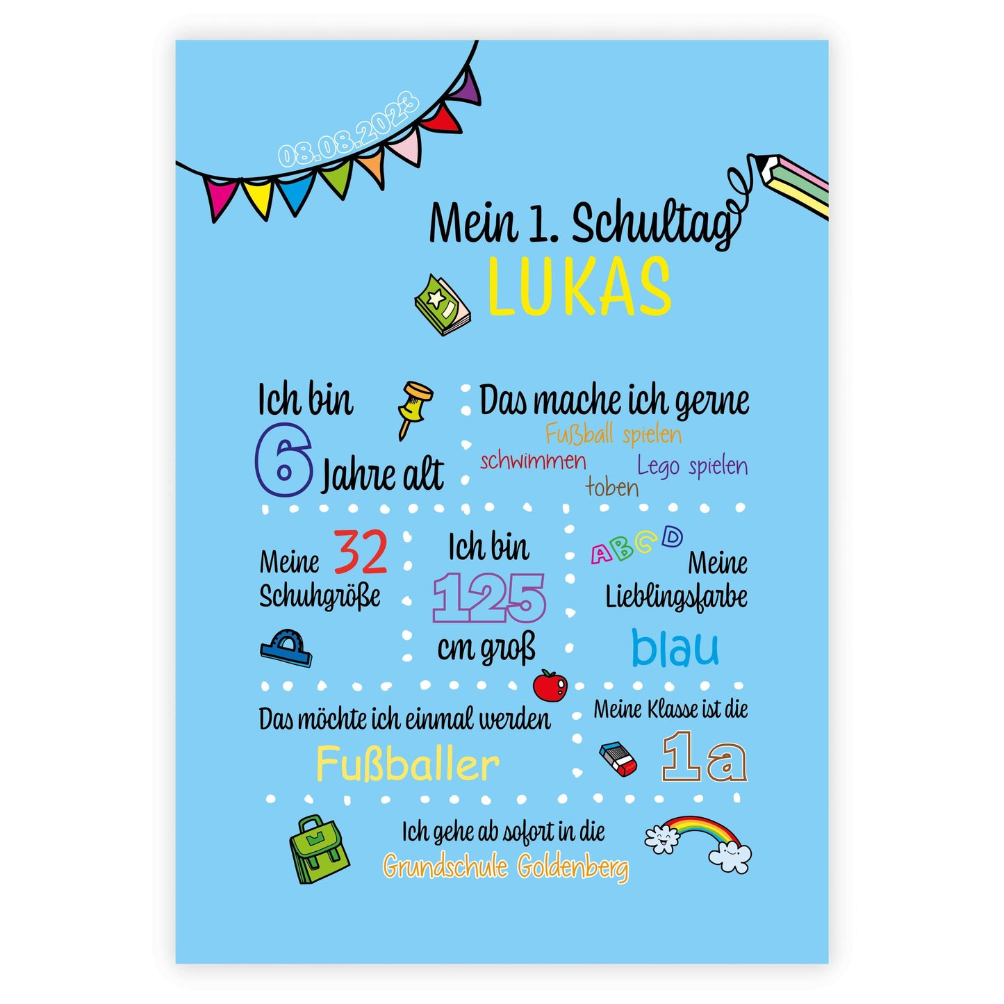 Personalisiertes Bild "Mein 1. Schultag" Motivationssprüche, Bildfarbe: Blau, Bildgröße: 13x18cm, DIN A4, DIN A3, Bilderrahmen: Ohne Bilderrahmen, Copyright: 321geschenke.de
