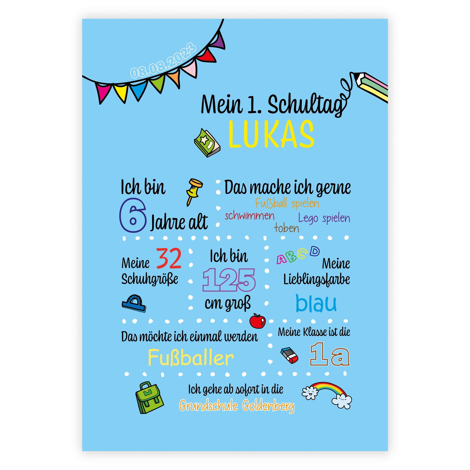 Personalisiertes Bild "Mein 1. Schultag" Motivationssprüche, Bildfarbe: Blau, Bildgröße: 13x18cm, DIN A4, DIN A3, Bilderrahmen: Ohne Bilderrahmen, Copyright: 321geschenke.de