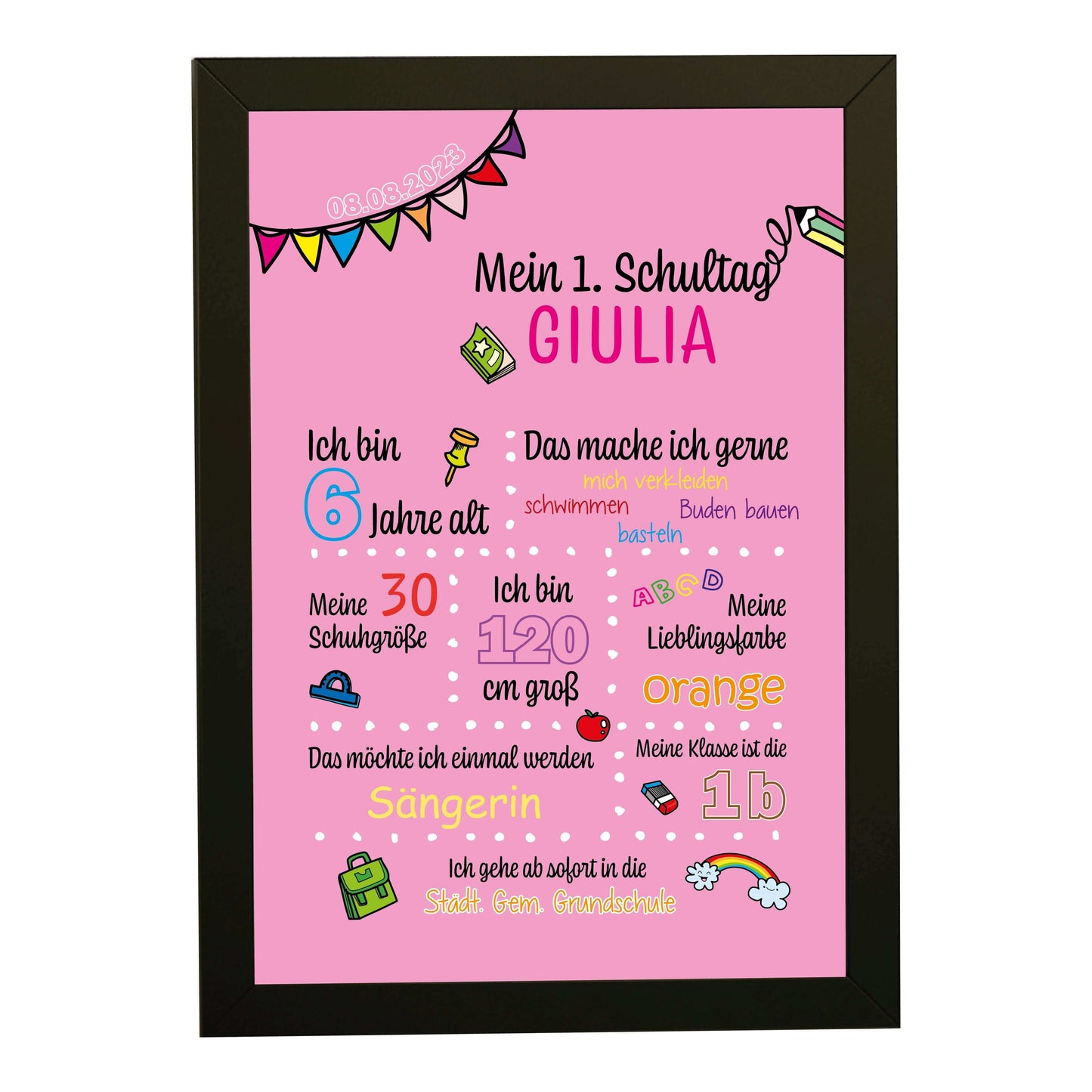 Personalisiertes Bild "Mein 1. Schultag" Motivationssprüche, Bildfarbe: Rosa, Bildgröße: 13x18cm, DIN A4, DIN A3, Bilderrahmen: Bilderrahmen schwarz ohne Passepartout, Copyright: 321geschenke.de