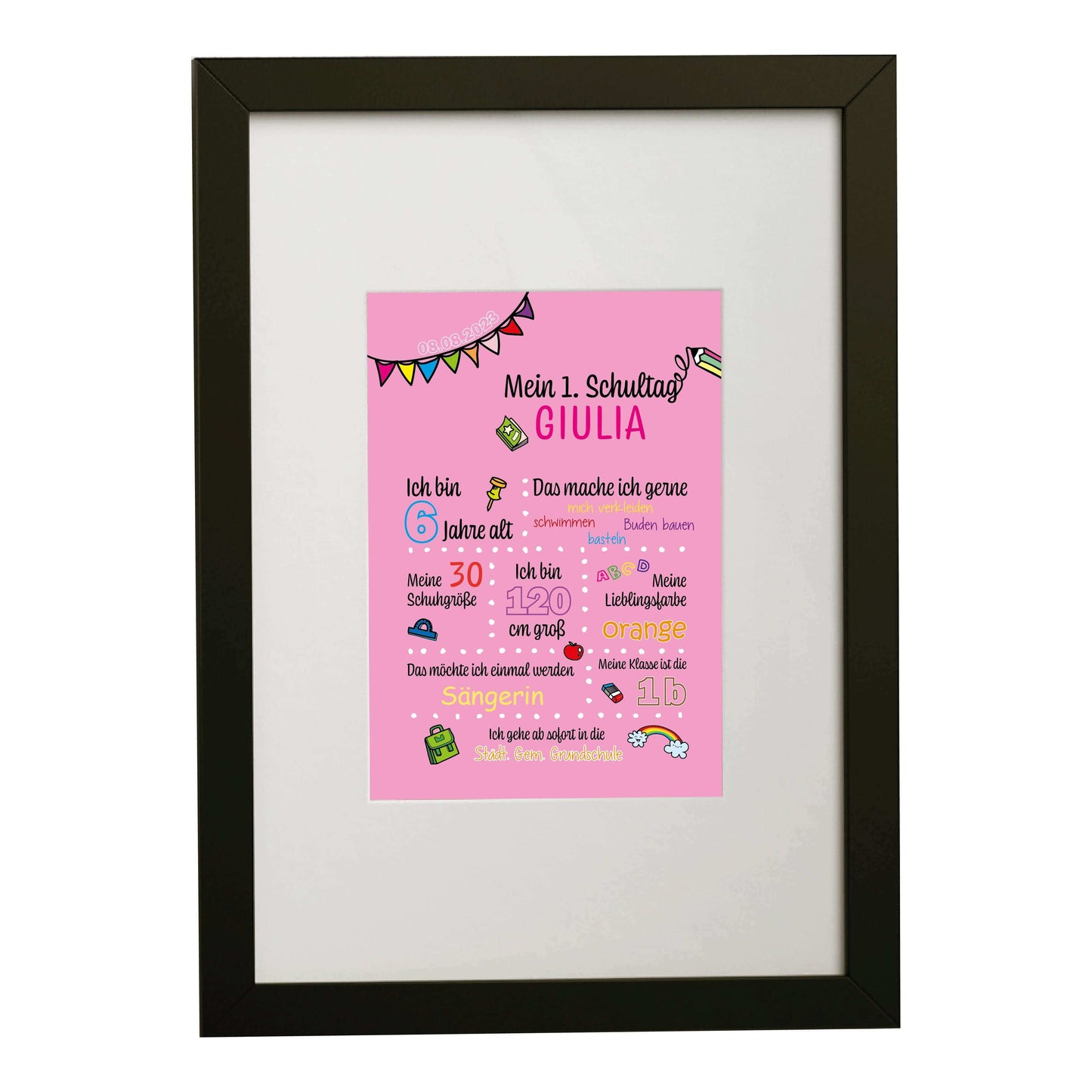Personalisiertes Bild "Mein 1. Schultag" Motivationssprüche, Bildfarbe: Rosa, Bildgröße: 13x18cm, DIN A4, DIN A3, Bilderrahmen: Bilderrahmen schwarz mit Passepartout, Copyright: 321geschenke.de