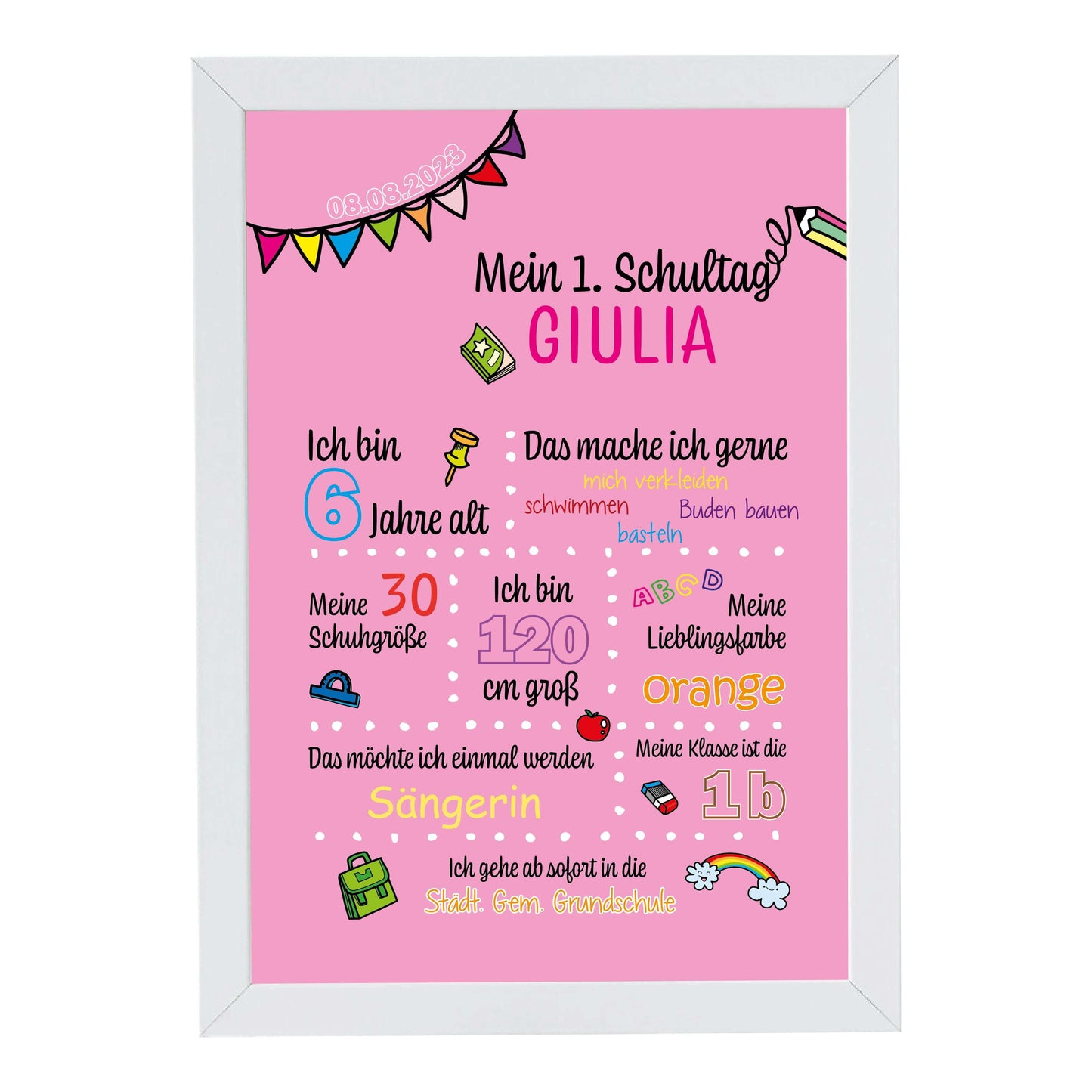 Personalisiertes Bild "Mein 1. Schultag" Motivationssprüche, Bildfarbe: Rosa, Bildgröße: 13x18cm, DIN A4, DIN A3, Bilderrahmen: Bilderrahmen weiß ohne Passepartout, Copyright: 321geschenke.de