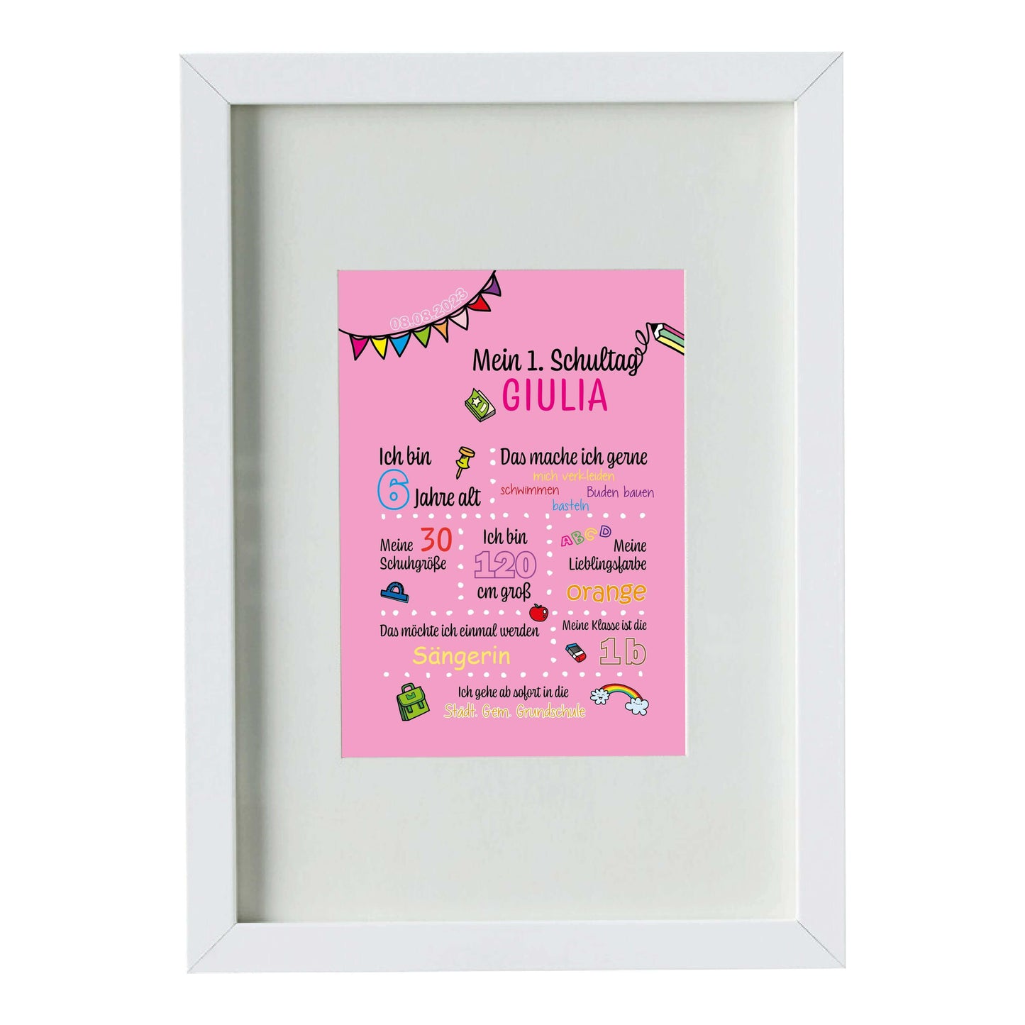 Personalisiertes Bild "Mein 1. Schultag" Motivationssprüche, Bildfarbe: Rosa, Bildgröße: 13x18cm, DIN A4, DIN A3, Bilderrahmen: Bilderrahmen weiß mit Passepartout, Copyright: 321geschenke.de