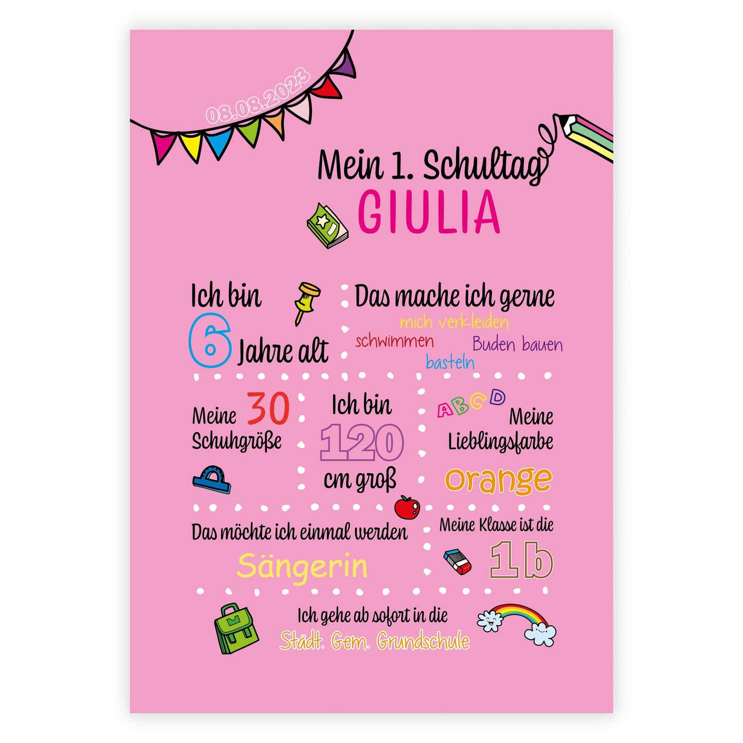 Personalisiertes Bild "Mein 1. Schultag" Motivationssprüche, Bildfarbe: Rosa, Bildgröße: 13x18cm, DIN A4, DIN A3, Bilderrahmen: Ohne Bilderrahmen, Copyright: 321geschenke.de