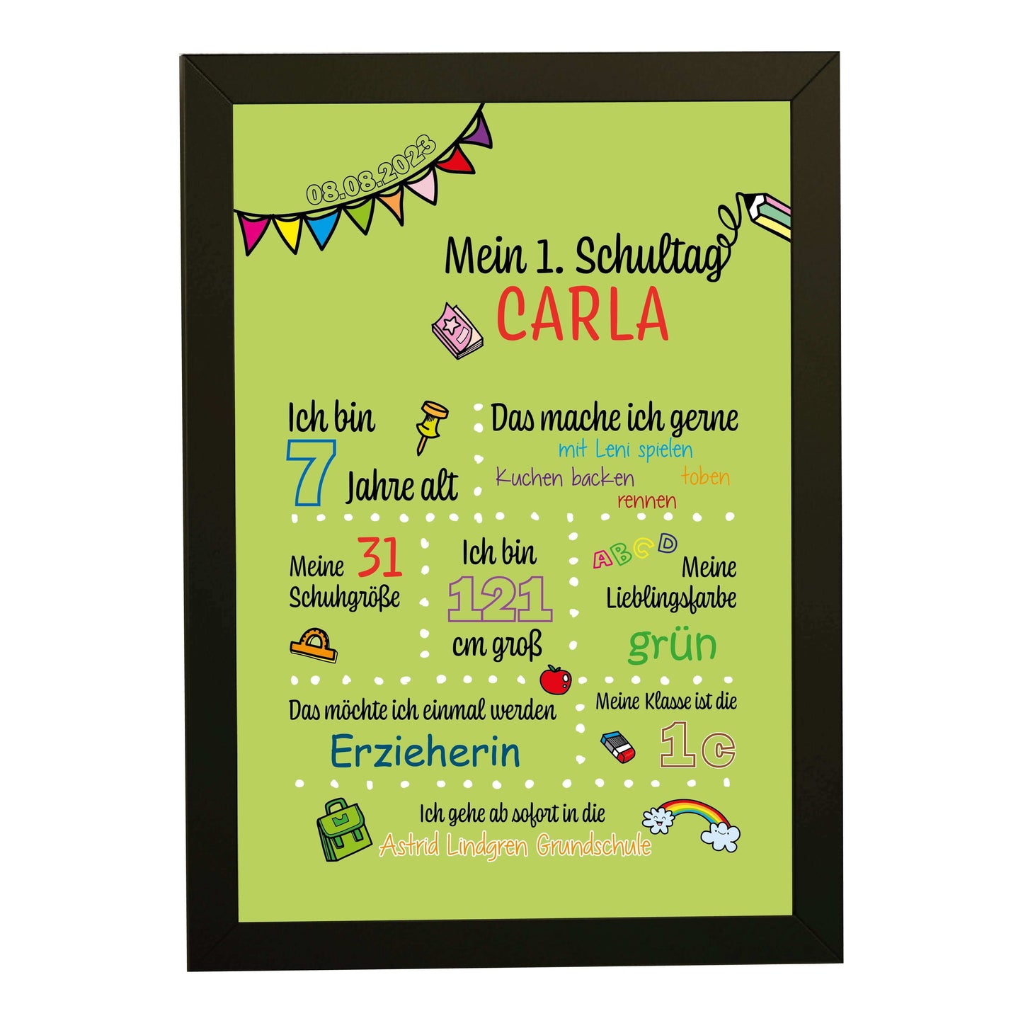 Personalisiertes Bild "Mein 1. Schultag" Motivationssprüche, Bildfarbe: Grün, Bildgröße: 13x18cm, DIN A4, DIN A3, Bilderrahmen: Bilderrahmen schwarz ohne Passepartout, Copyright: 321geschenke.de