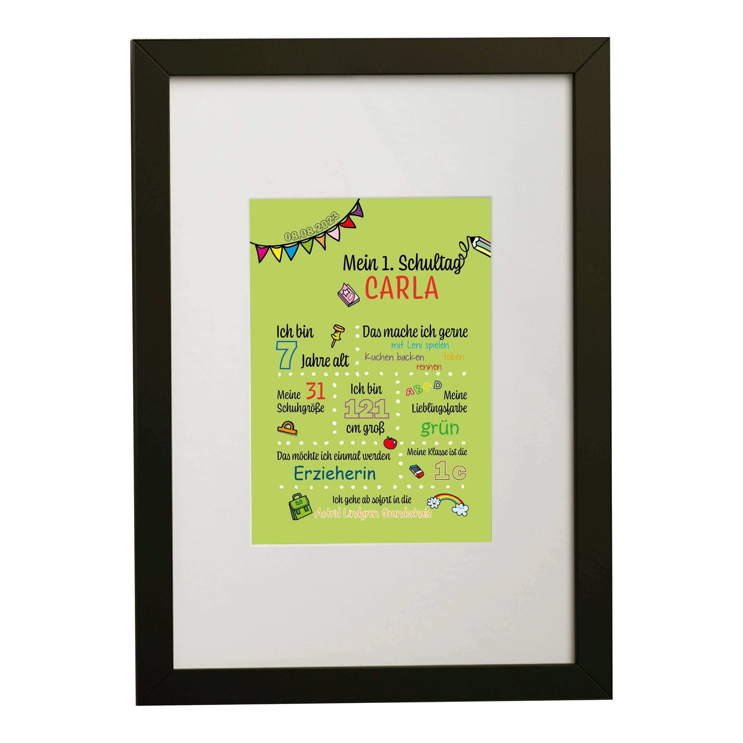 Personalisiertes Bild "Mein 1. Schultag" Motivationssprüche, Bildfarbe: Grün, Bildgröße: 13x18cm, DIN A4, DIN A3, Bilderrahmen: Bilderrahmen schwarz mit Passepartout, Copyright: 321geschenke.de