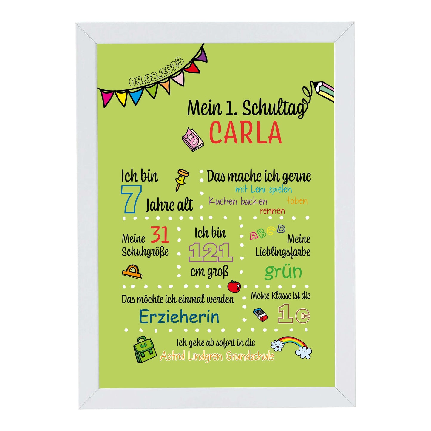 Personalisiertes Bild "Mein 1. Schultag" Motivationssprüche, Bildfarbe: Grün, Bildgröße: 13x18cm, DIN A4, DIN A3, Bilderrahmen: Bilderrahmen weiß ohne Passepartout, Copyright: 321geschenke.de