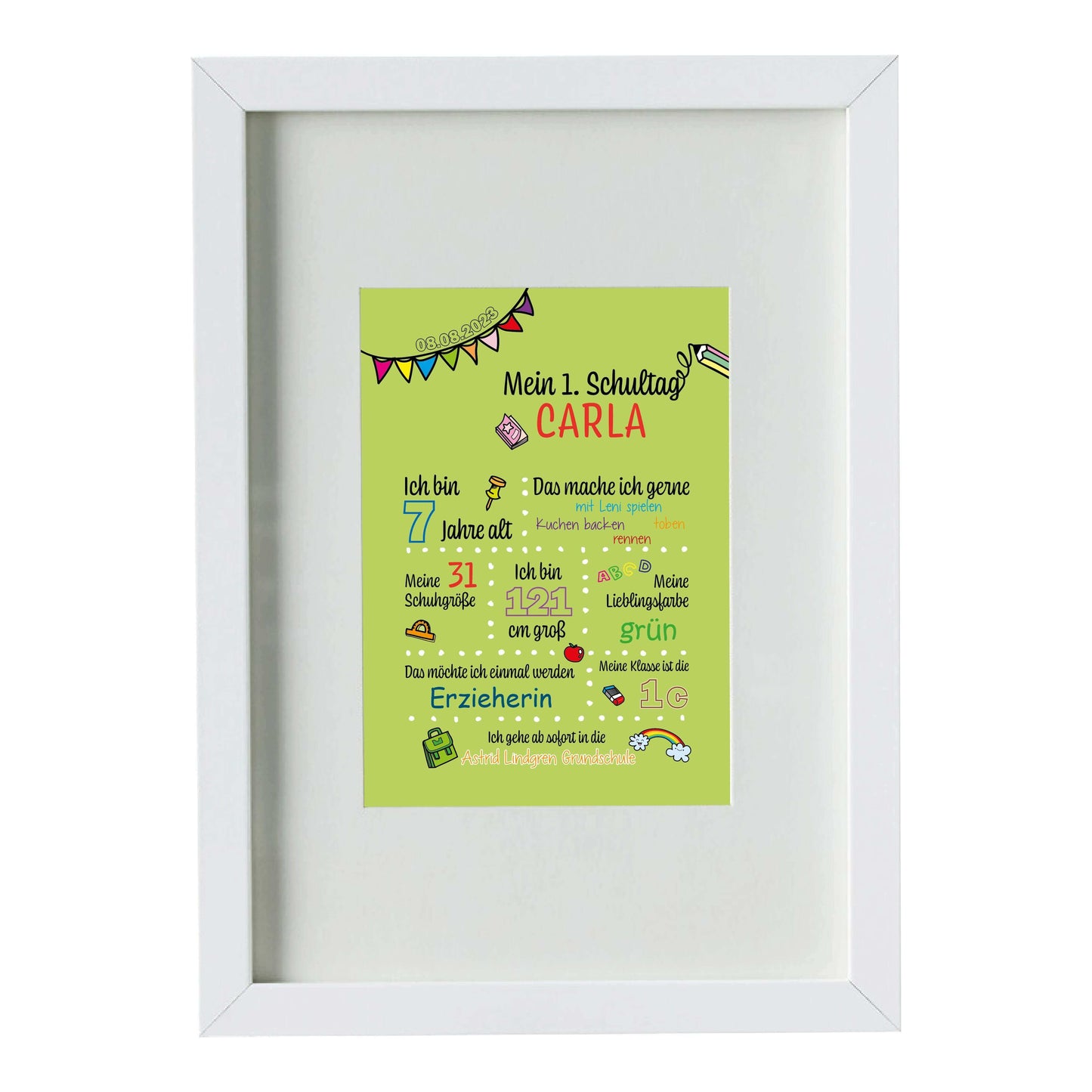 Personalisiertes Bild "Mein 1. Schultag" Motivationssprüche, Bildfarbe: Grün, Bildgröße: 13x18cm, DIN A4, DIN A3, Bilderrahmen: Bilderrahmen weiß mitPassepartout, Copyright: 321geschenke.de