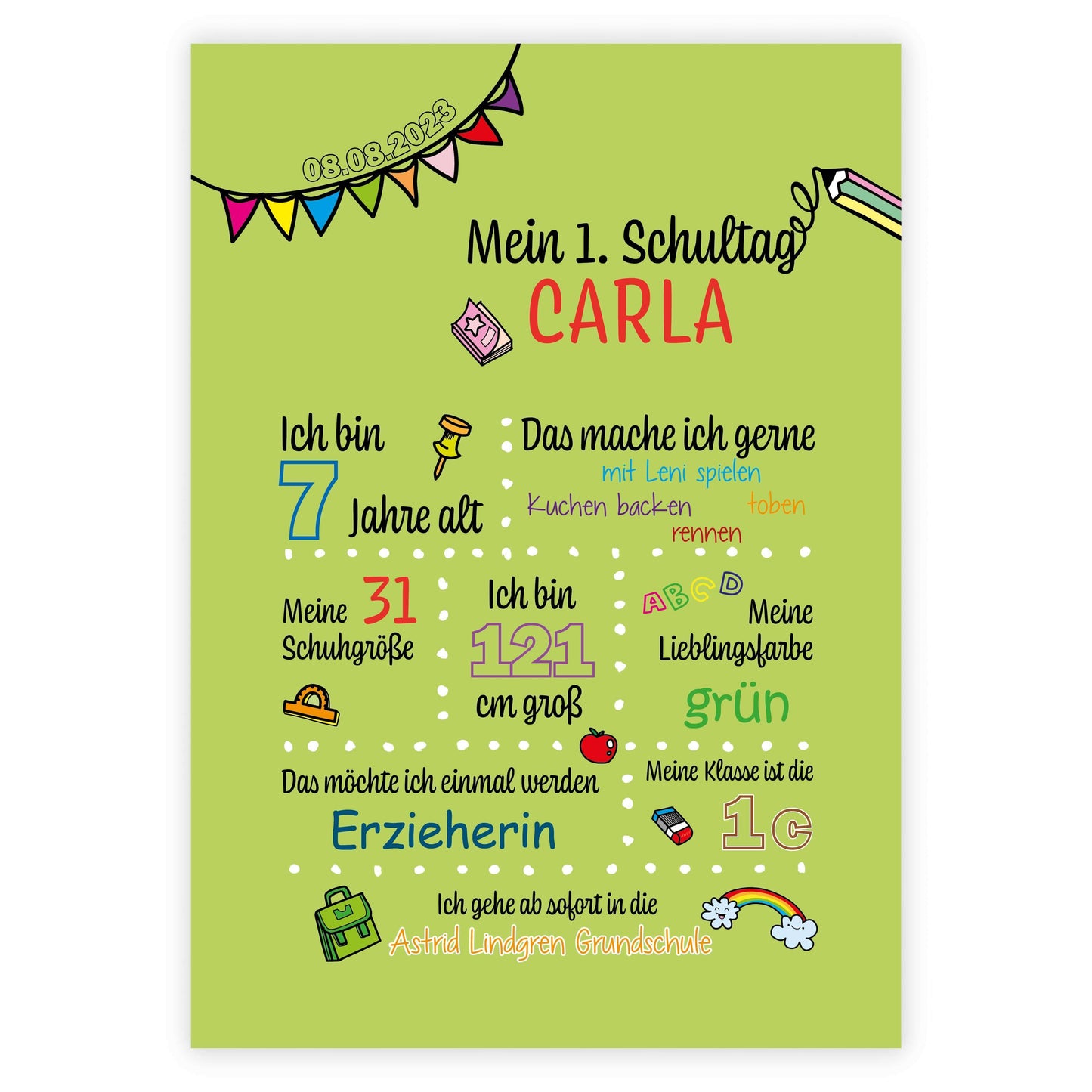 Personalisiertes Bild "Mein 1. Schultag" Motivationssprüche, Bildfarbe: Grün, Bildgröße: 13x18cm, DIN A4, DIN A3, Bilderrahmen: Ohne Bilderrahmen, Copyright: 321geschenke.de