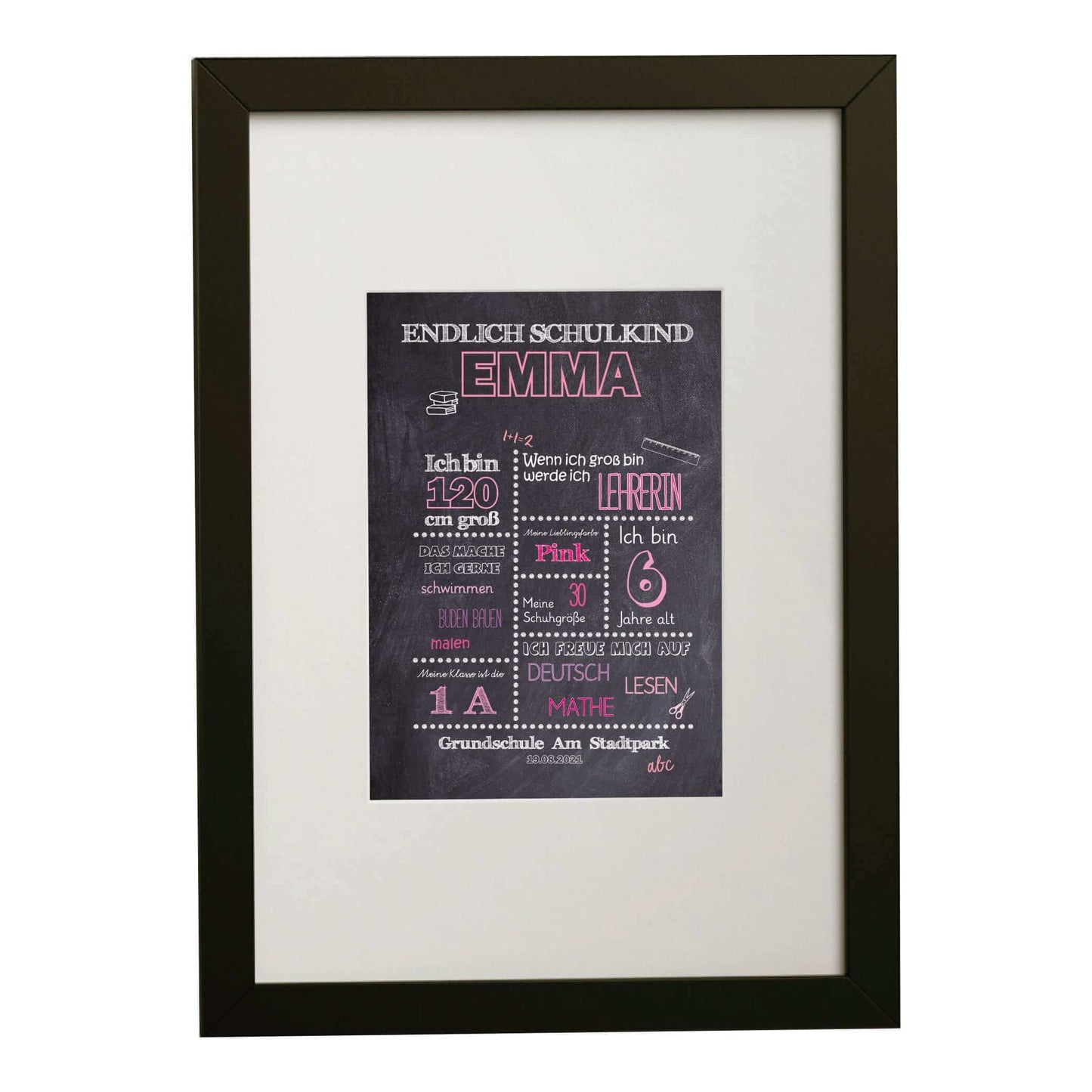 Personalisiertes Bild „Einschulung” Meilensteinposter ROSA, Bildgröße: 13x18cm, DIN A4, DIN A3, Bilderrahmen: Bilderrahmen schwarz mit Passepartout, Copyright: 321geschenke.de