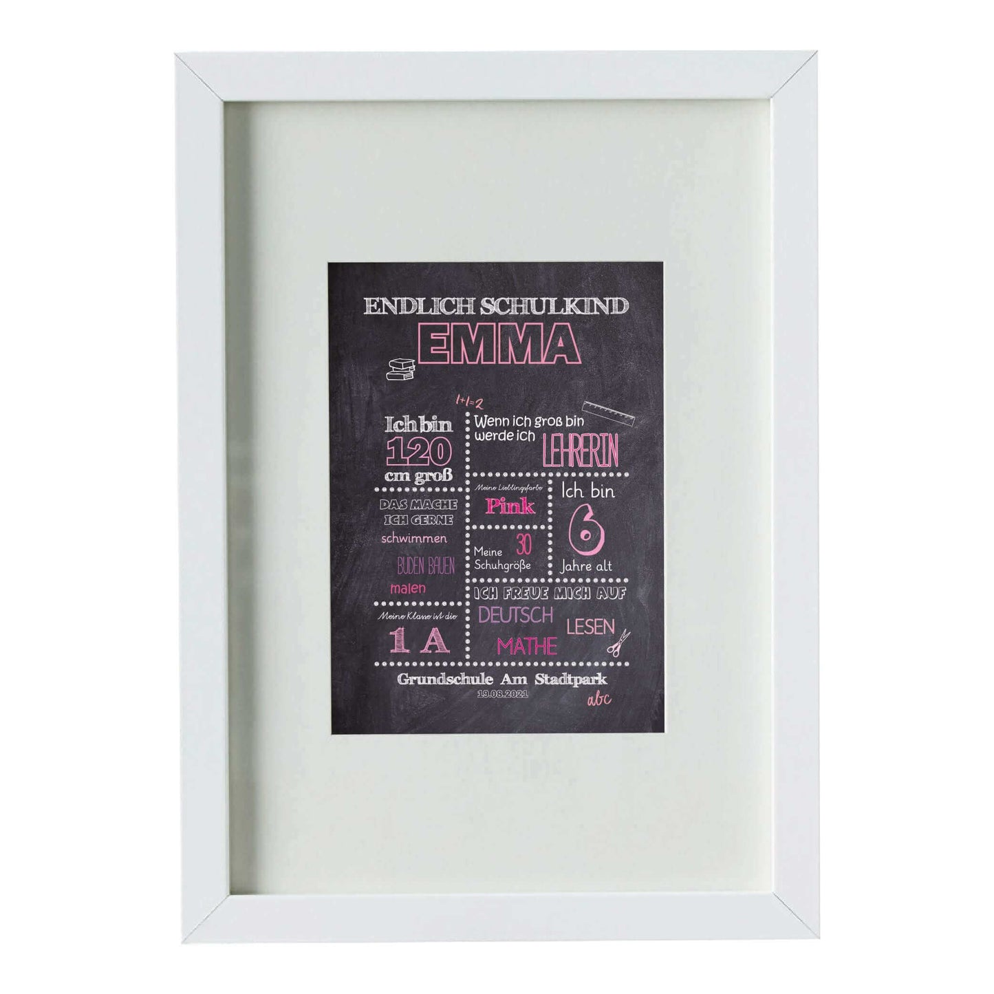 Personalisiertes Bild „Einschulung” Meilensteinposter ROSA, Bildgröße: 13x18cm, DIN A4, DIN A3, Bilderrahmen: Bilderrahmen weiß mit Passepartout, Copyright: 321geschenke.de