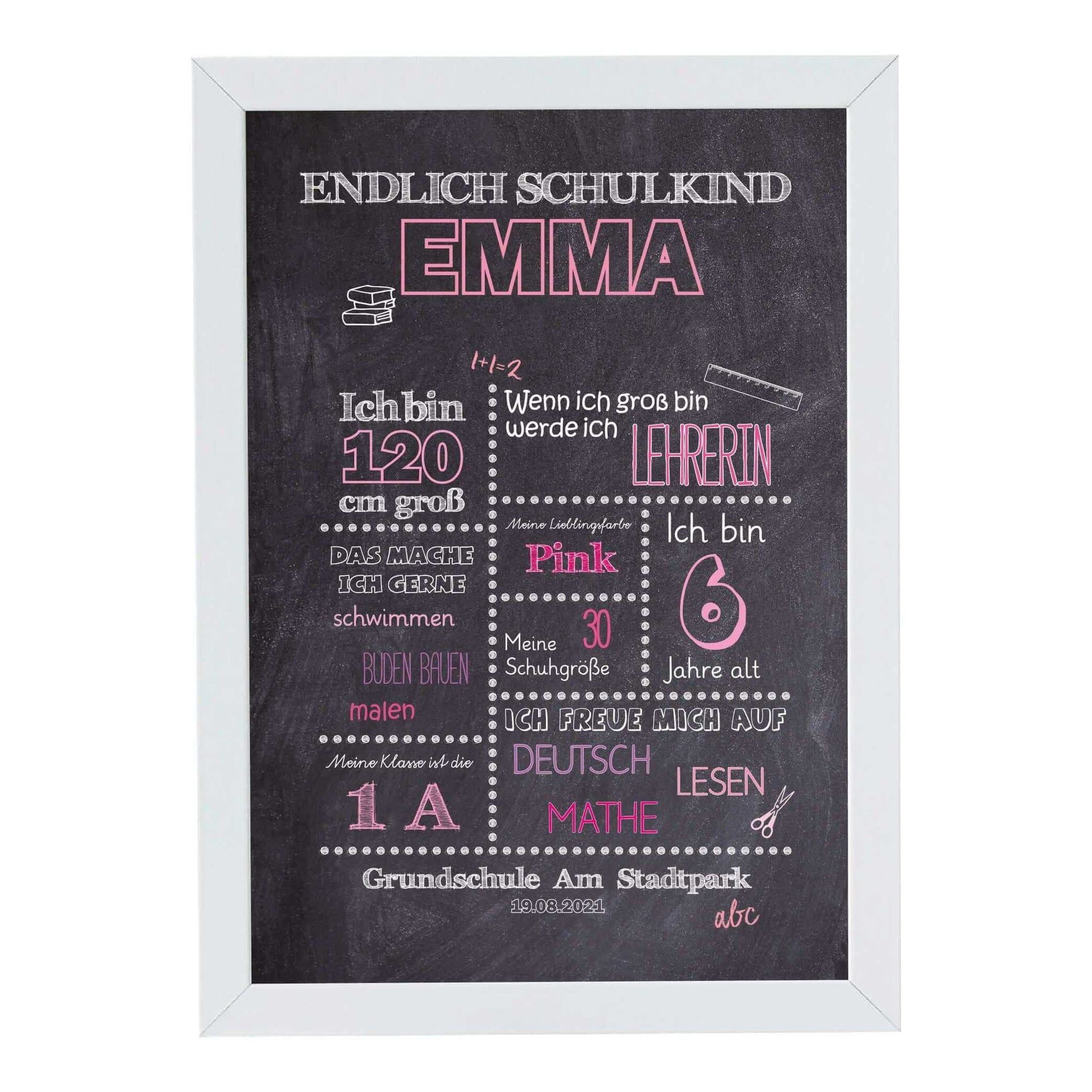 Personalisiertes Bild „Einschulung” Meilensteinposter ROSA, Bildgröße: 13x18cm, DIN A4, DIN A3, Bilderrahmen: Bilderrahmen weiß ohne Passepartout, Copyright: 321geschenke.de