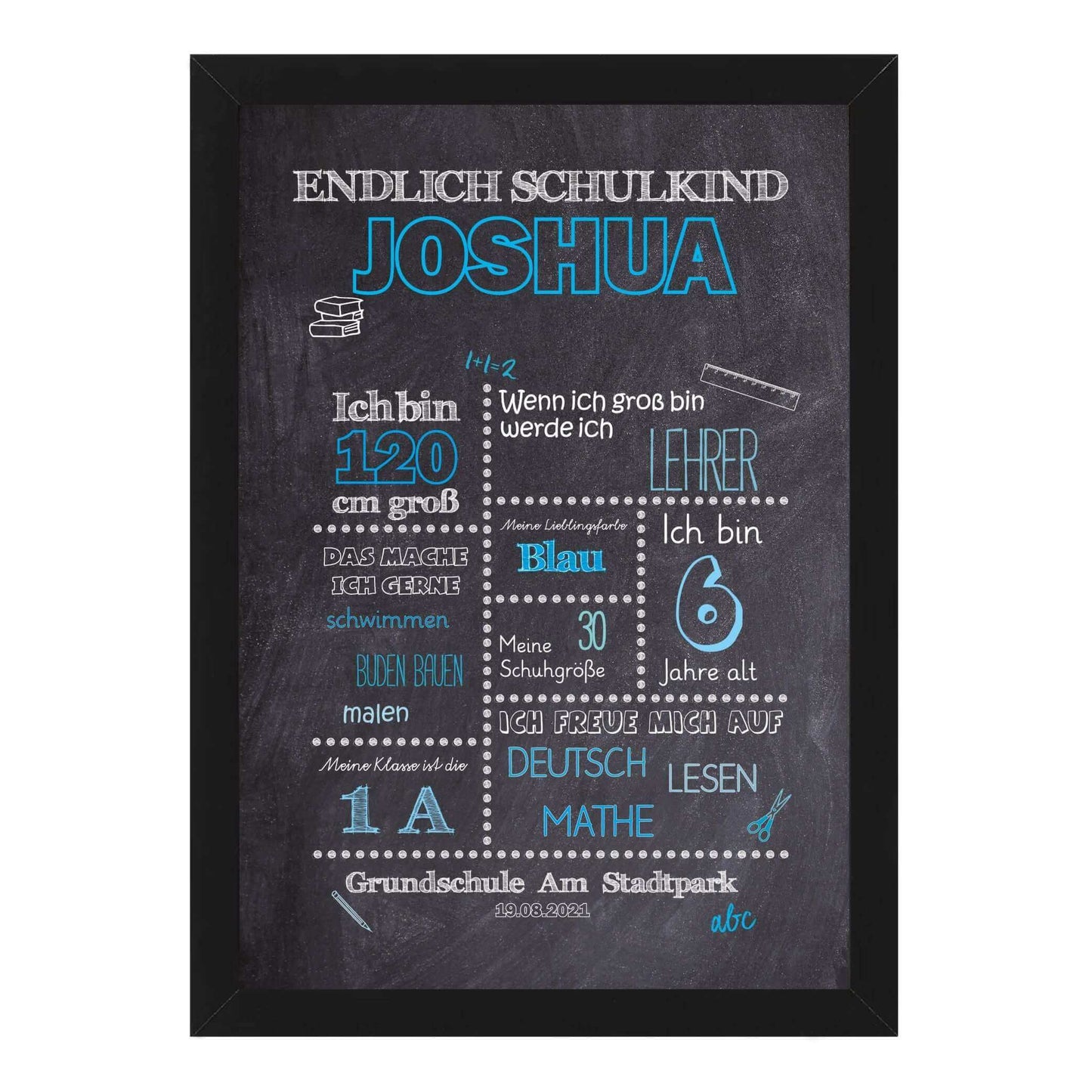 Personalisiertes Bild „Einschulung” Meilensteinposter BLAU, Bildgröße: 13x18cm, DIN A4, DIN A3, Bilderrahmen: Bilderrahmen schwarz ohne Passepartout, Copyright: 321geschenke.de