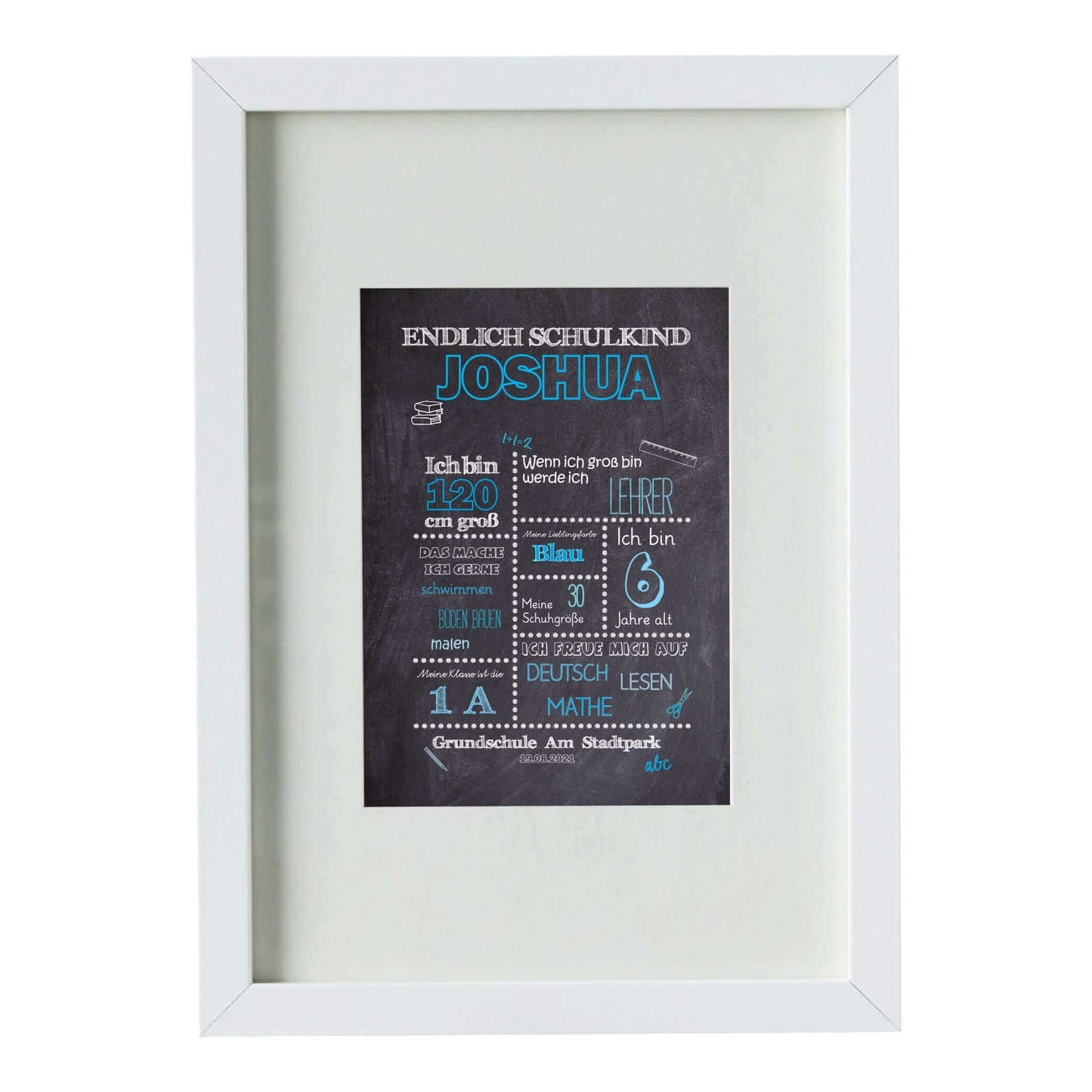 Personalisiertes Bild „Einschulung” Meilensteinposter BLAU, Bildgröße: 13x18cm, DIN A4, DIN A3, Bilderrahmen: Bilderrahmen weiß mit Passepartout, Copyright: 321geschenke.de