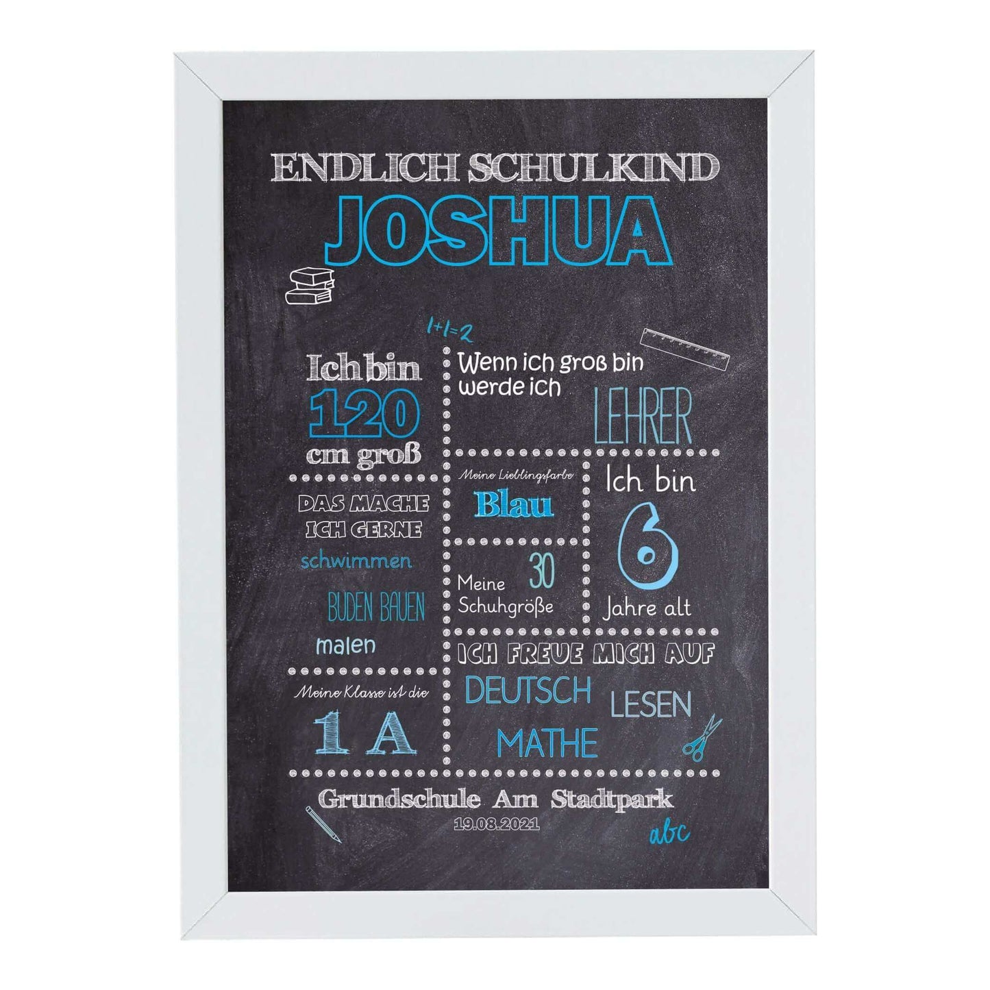 Personalisiertes Bild „Einschulung” Meilensteinposter BLAU, Bildgröße: 13x18cm, DIN A4, DIN A3, Bilderrahmen: Bilderrahmen weiß ohne Passepartout, Copyright: 321geschenke.de