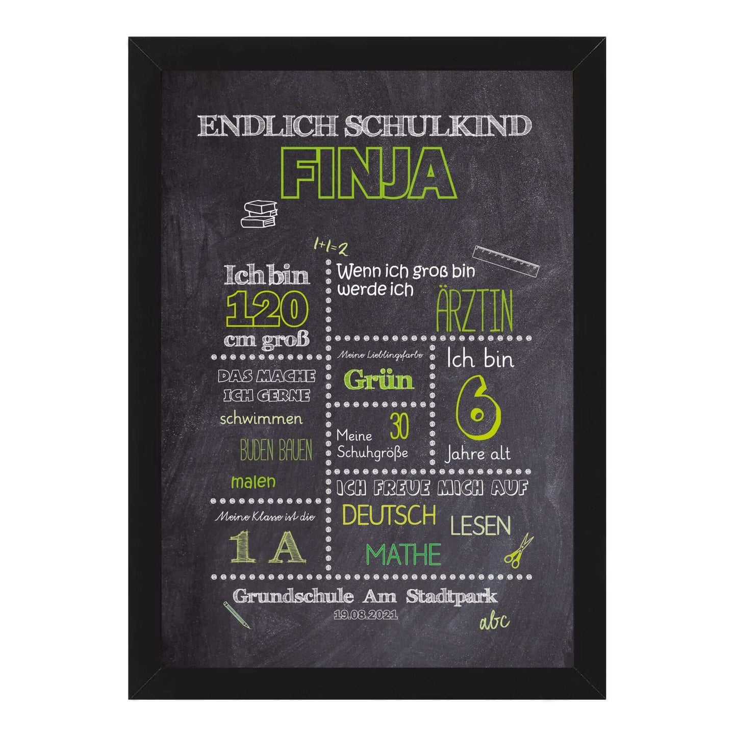 Personalisiertes Bild „Einschulung” Meilensteinposter GRÜN, Bildgröße: 13x18cm, DIN A4, DIN A3, Bilderrahmen: Bilderrahmen schwarz ohne Passepartout, Copyright: 321geschenke.de