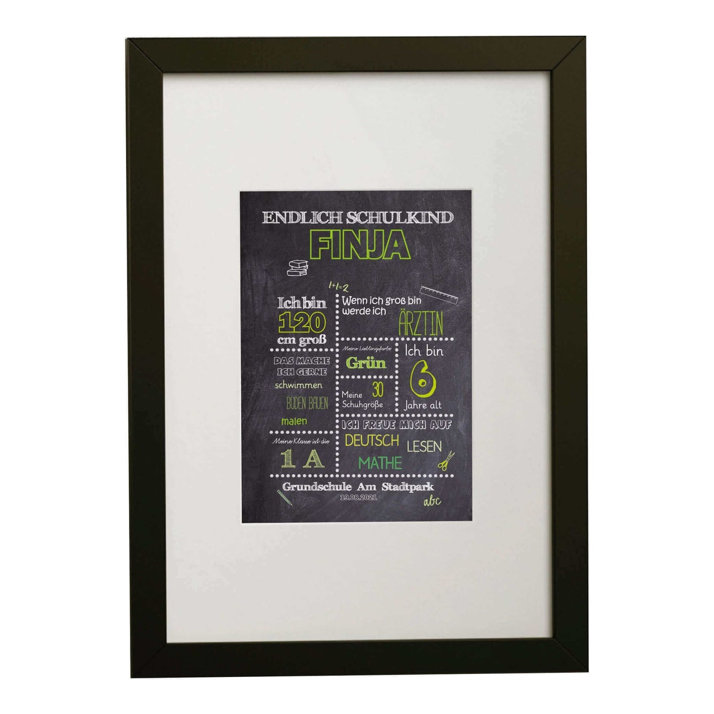 Personalisiertes Bild „Einschulung” Meilensteinposter GRÜN, Bildgröße: 13x18cm, DIN A4, DIN A3, Bilderrahmen: Bilderrahmen schwarz mit Passepartout, Copyright: 321geschenke.de